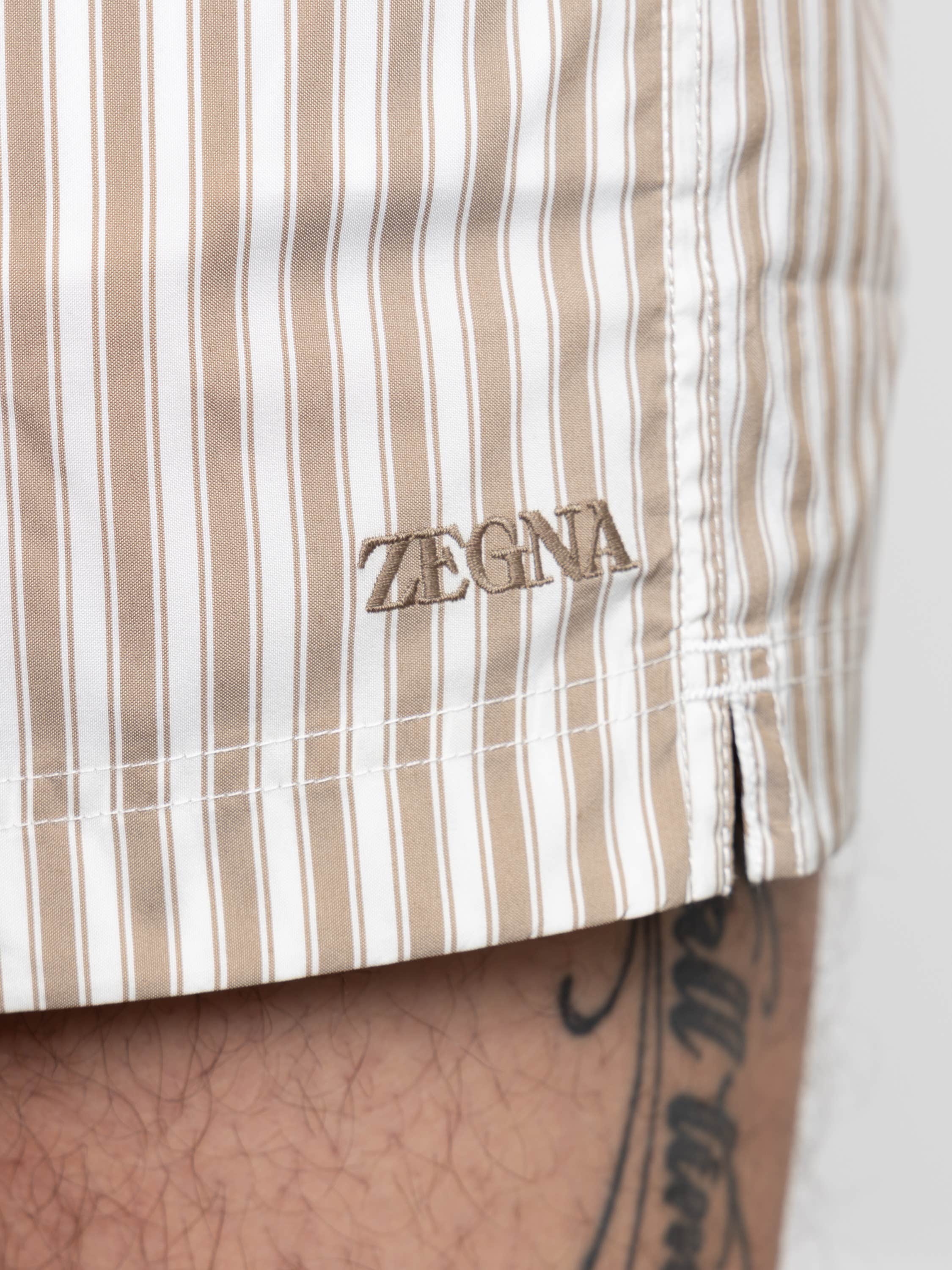Brown Striped Swim Trunks