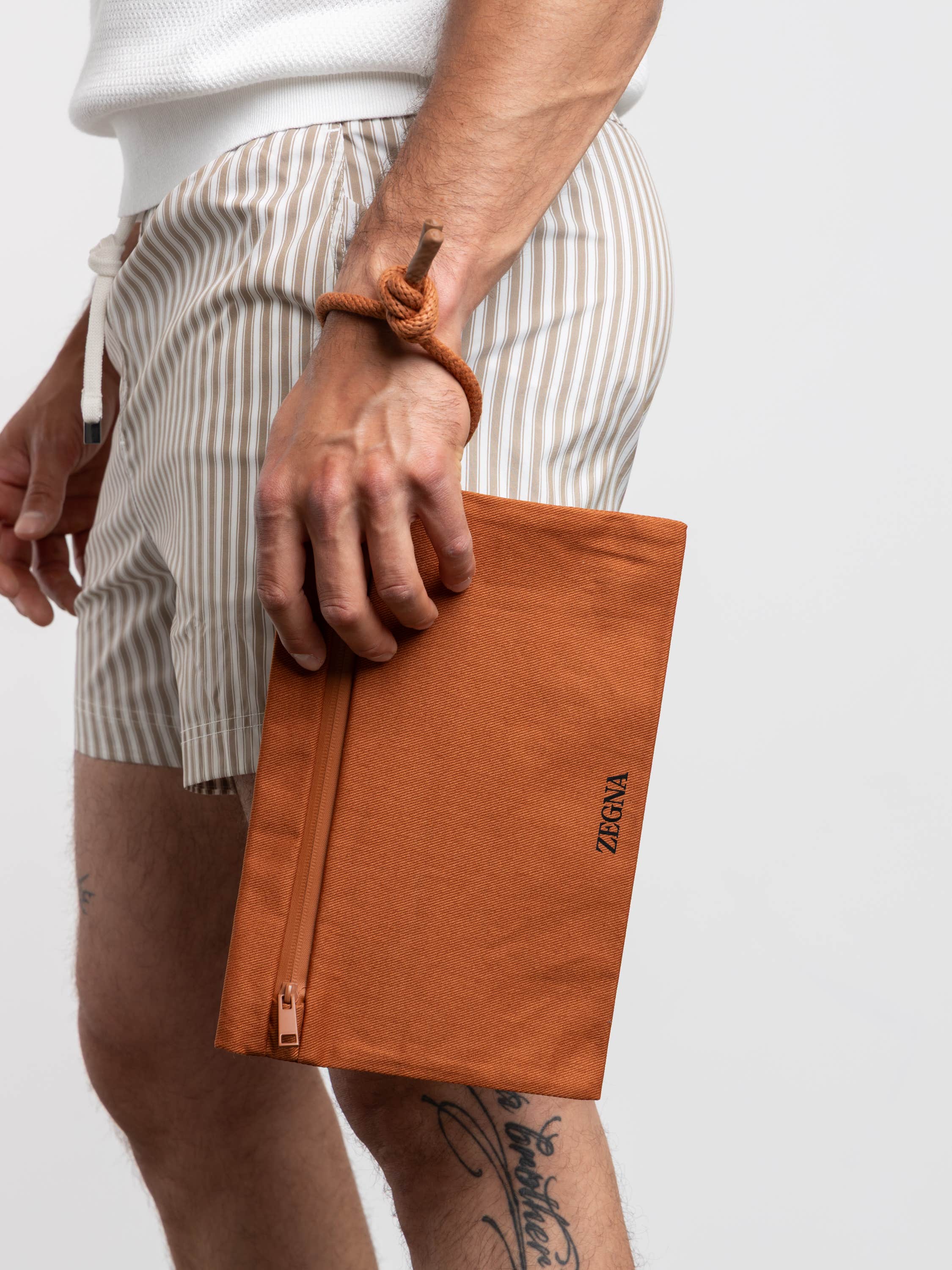 Brown Striped Swim Trunks