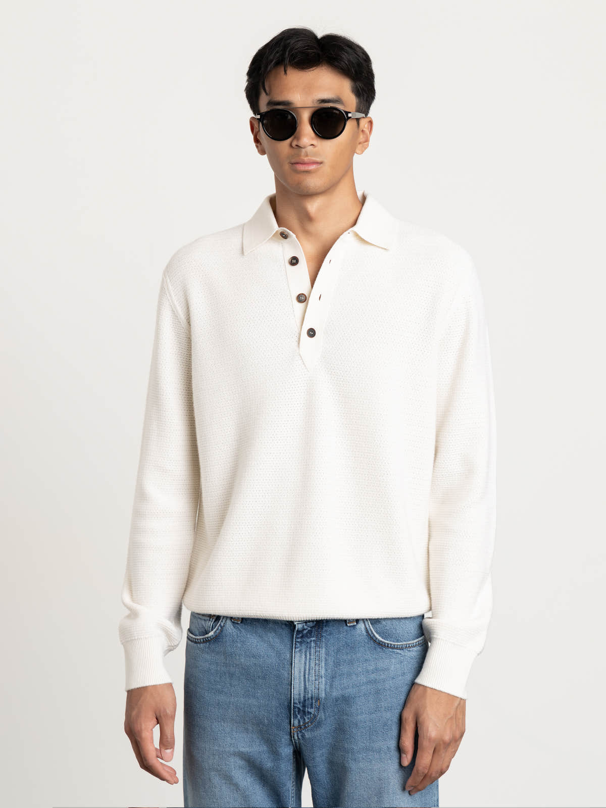 Cream White Mélange Oasi Cashmere Polo Shirt
