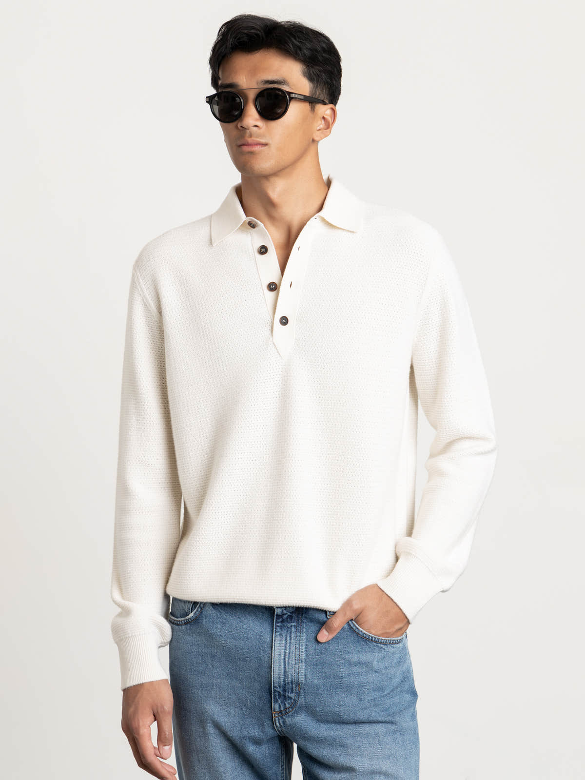 Cream White Mélange Oasi Cashmere Polo Shirt