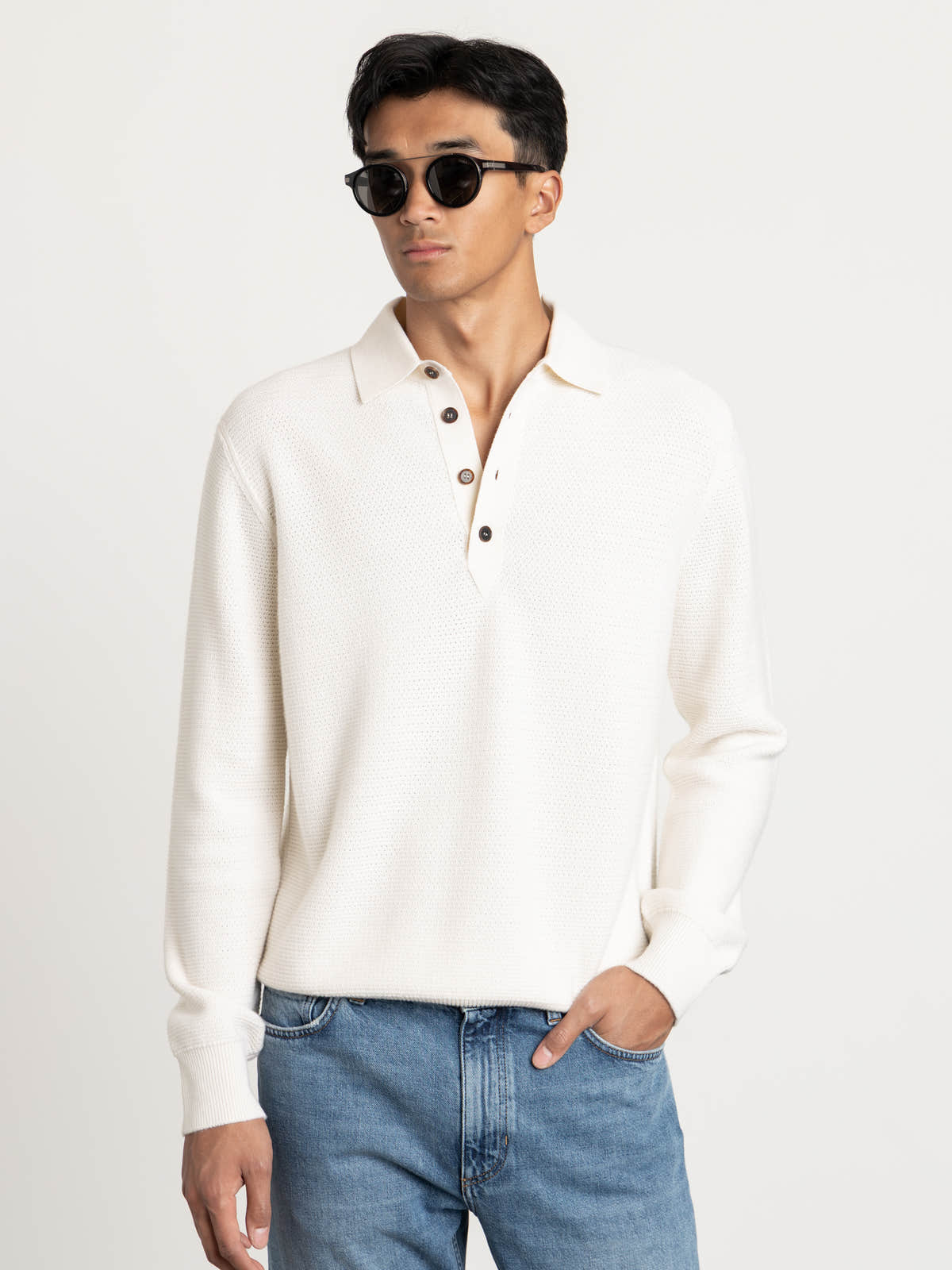 Cream White Mélange Oasi Cashmere Polo Shirt