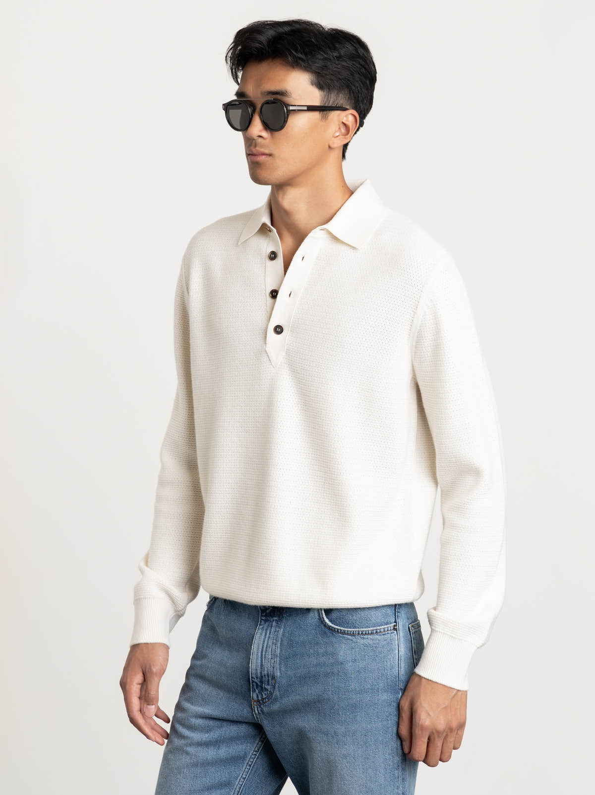 Cream White Mélange Oasi Cashmere Polo Shirt