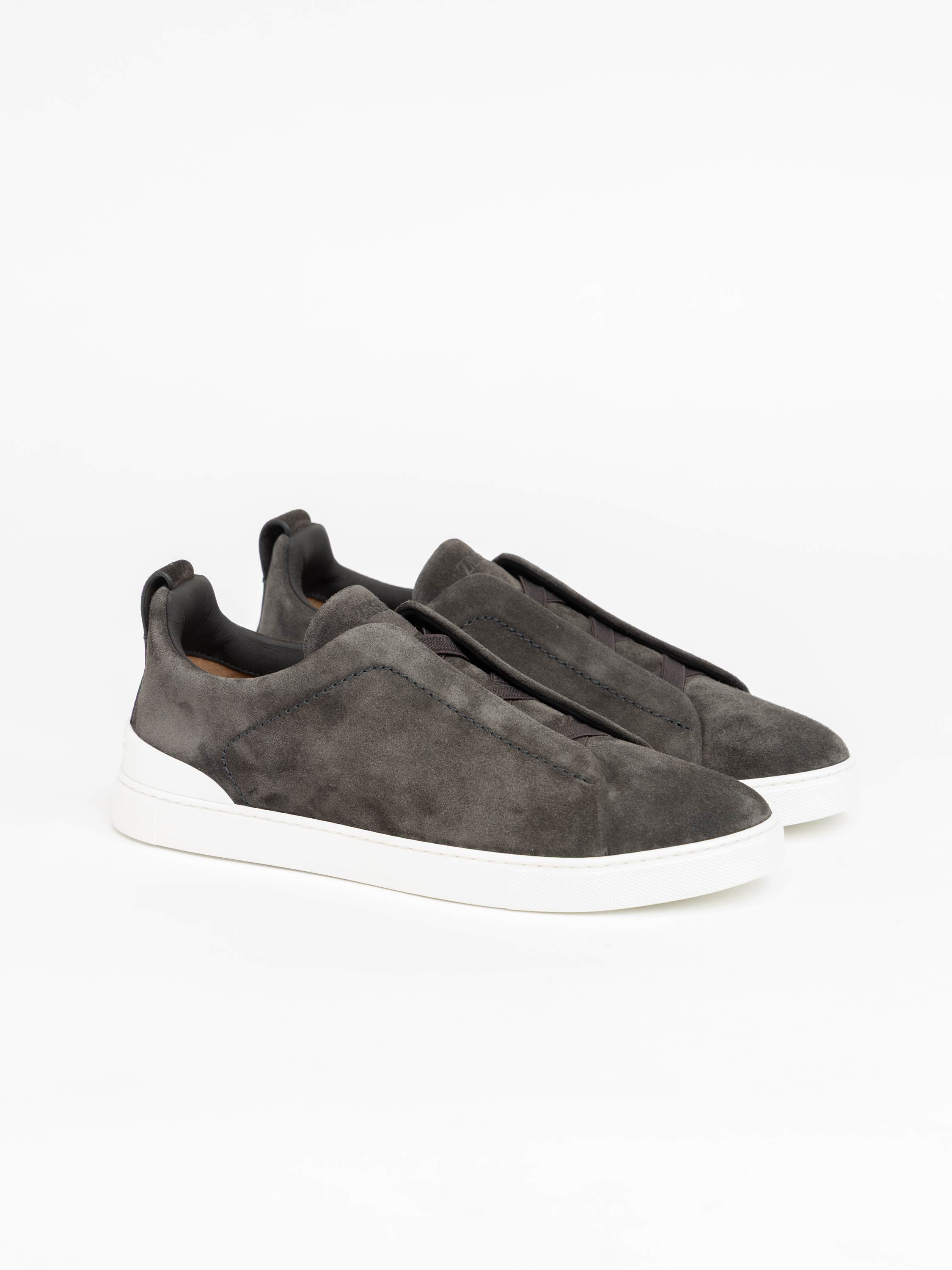 Dark Grey Deerskin and Leather Triple Stitch Sneakers