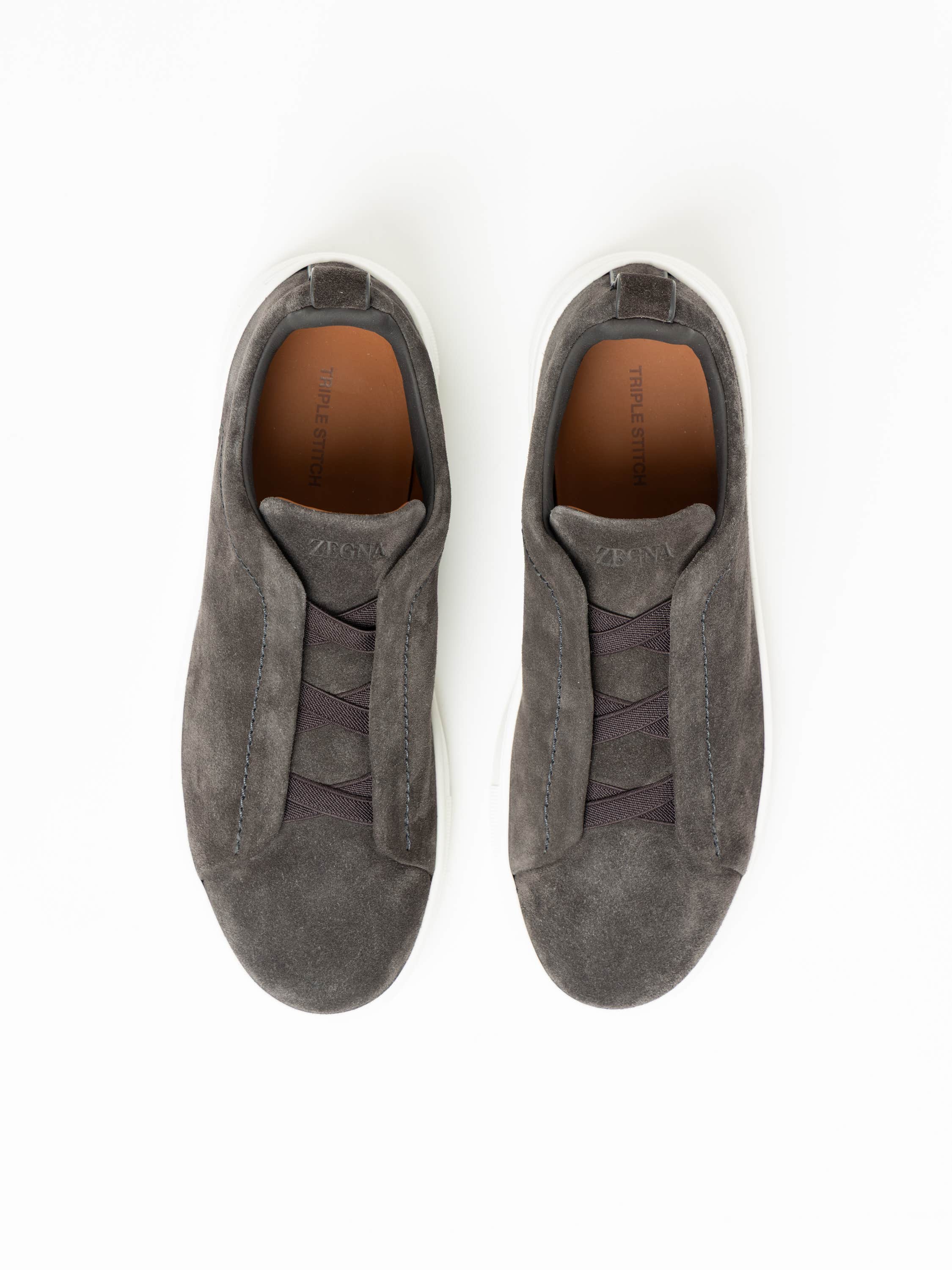 Dark Grey Deerskin and Leather Triple Stitch Sneakers