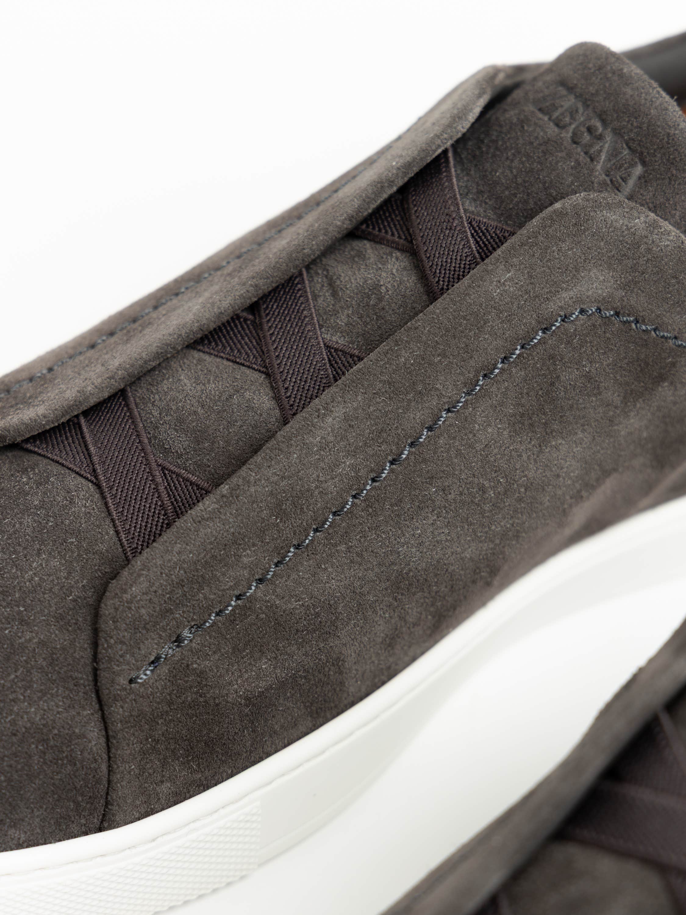 Dark Grey Deerskin and Leather Triple Stitch Sneakers