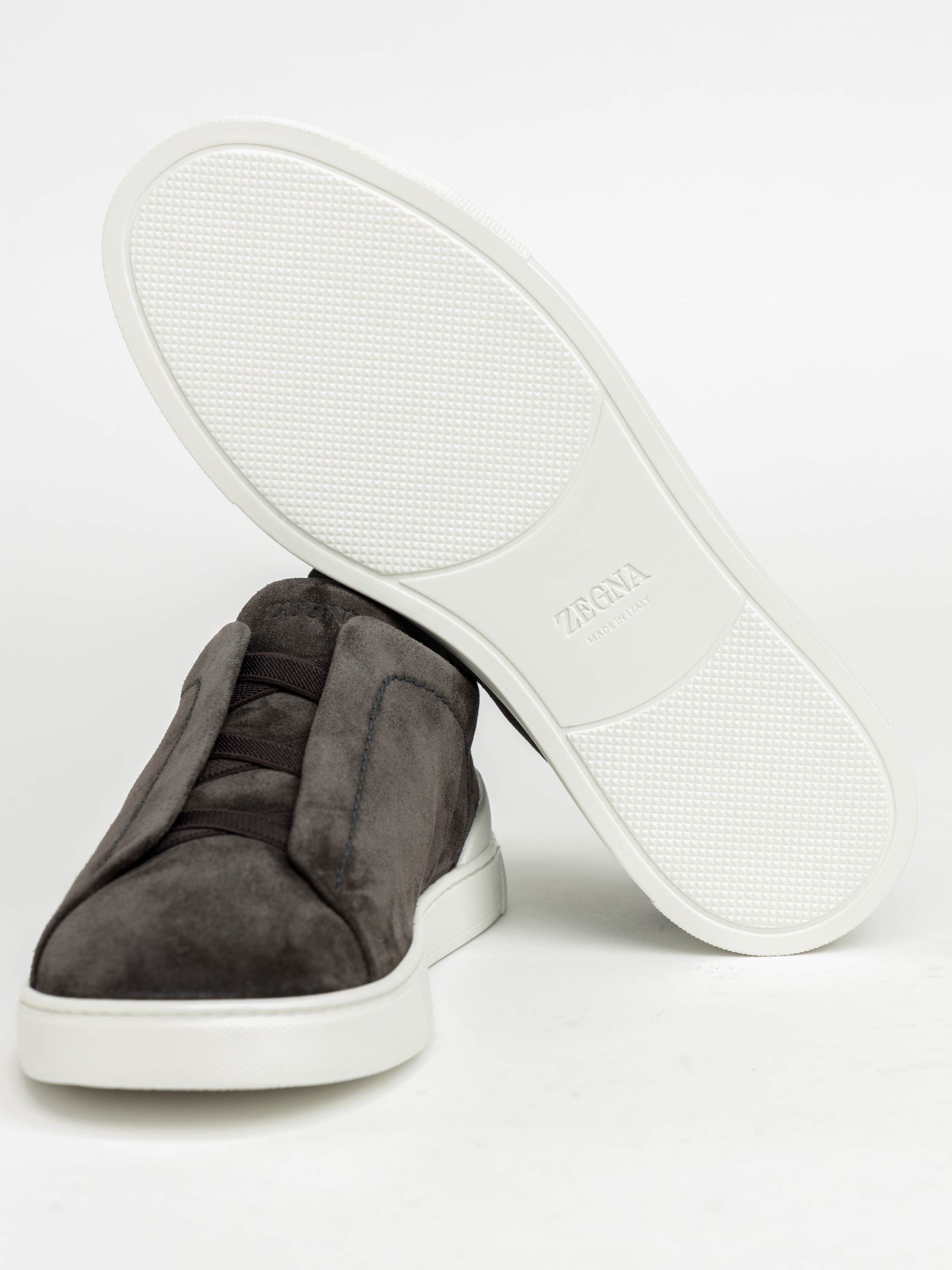 Dark Grey Deerskin and Leather Triple Stitch Sneakers