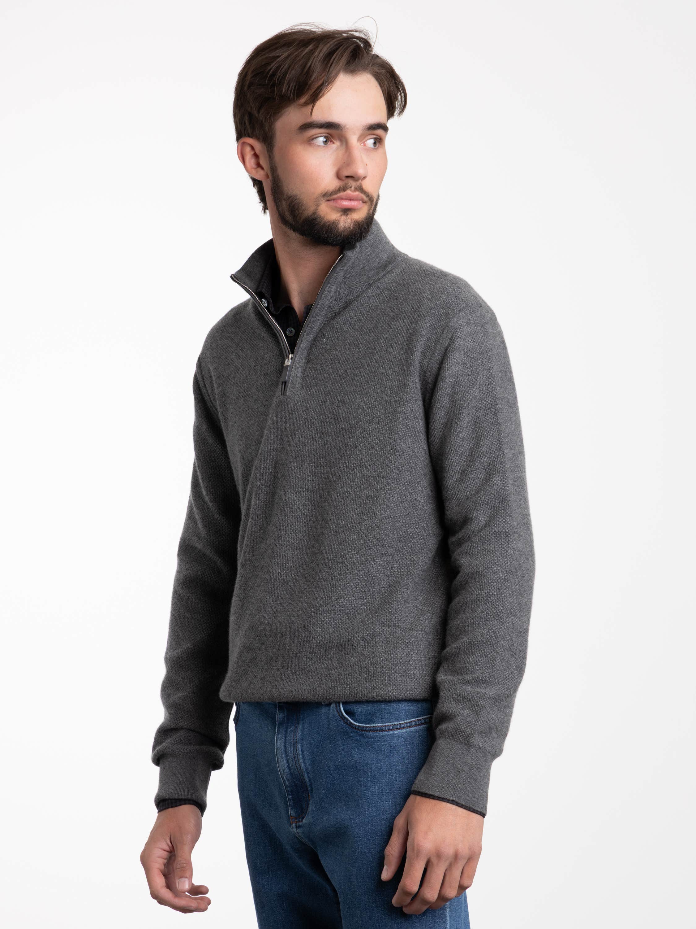 Grey Oasi Cashmere Mock Neck Quarter Zip