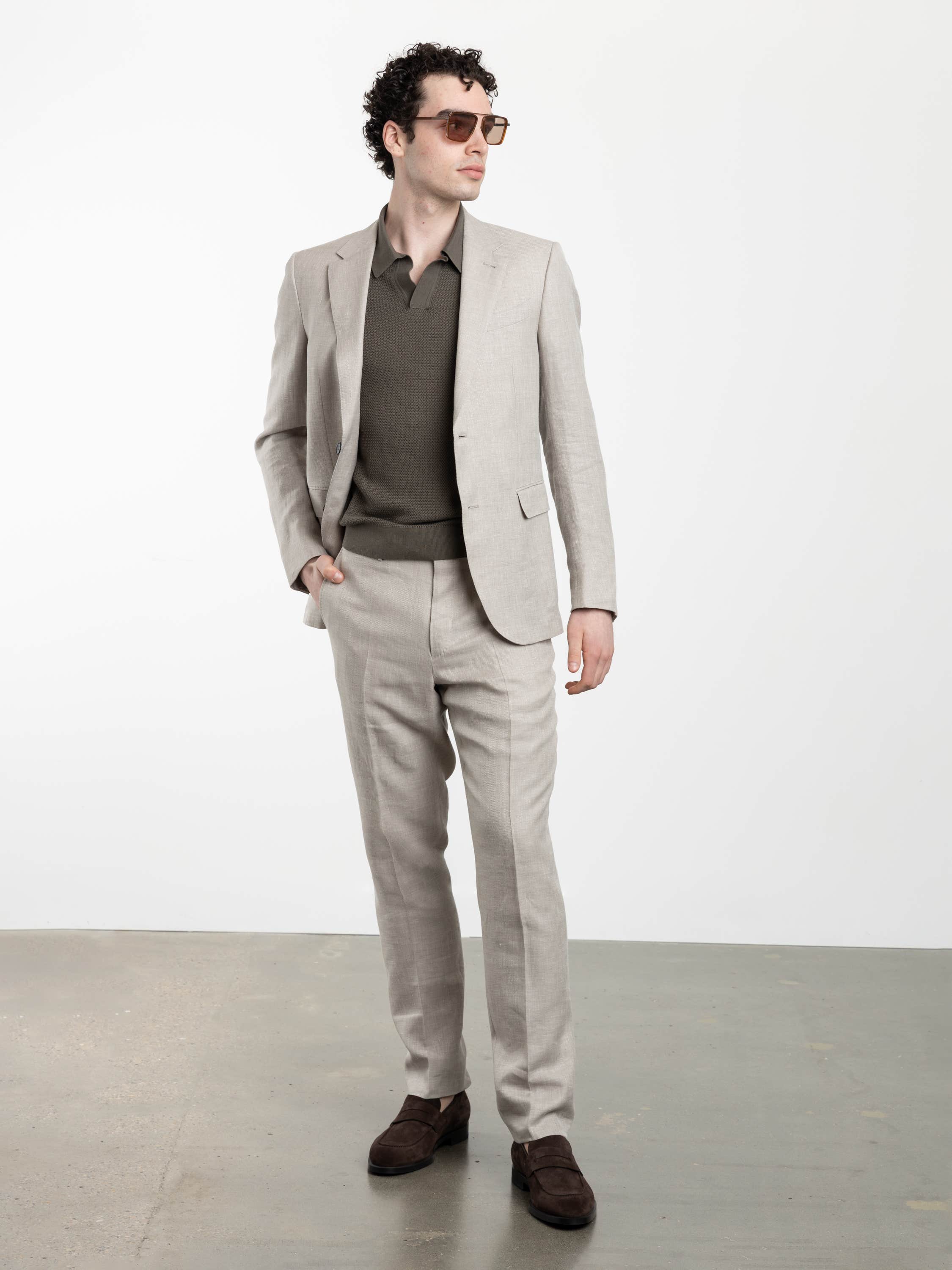 Light Beige Crossover Wool Linen and Silk Pants