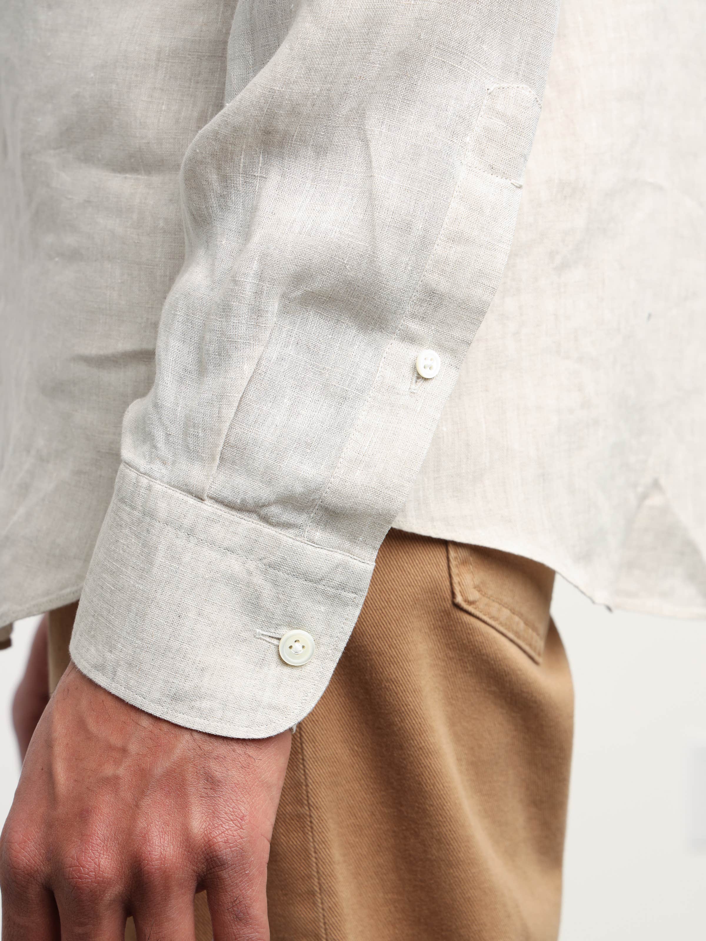 Light Brown Linen Dress Shirt with Band Collar