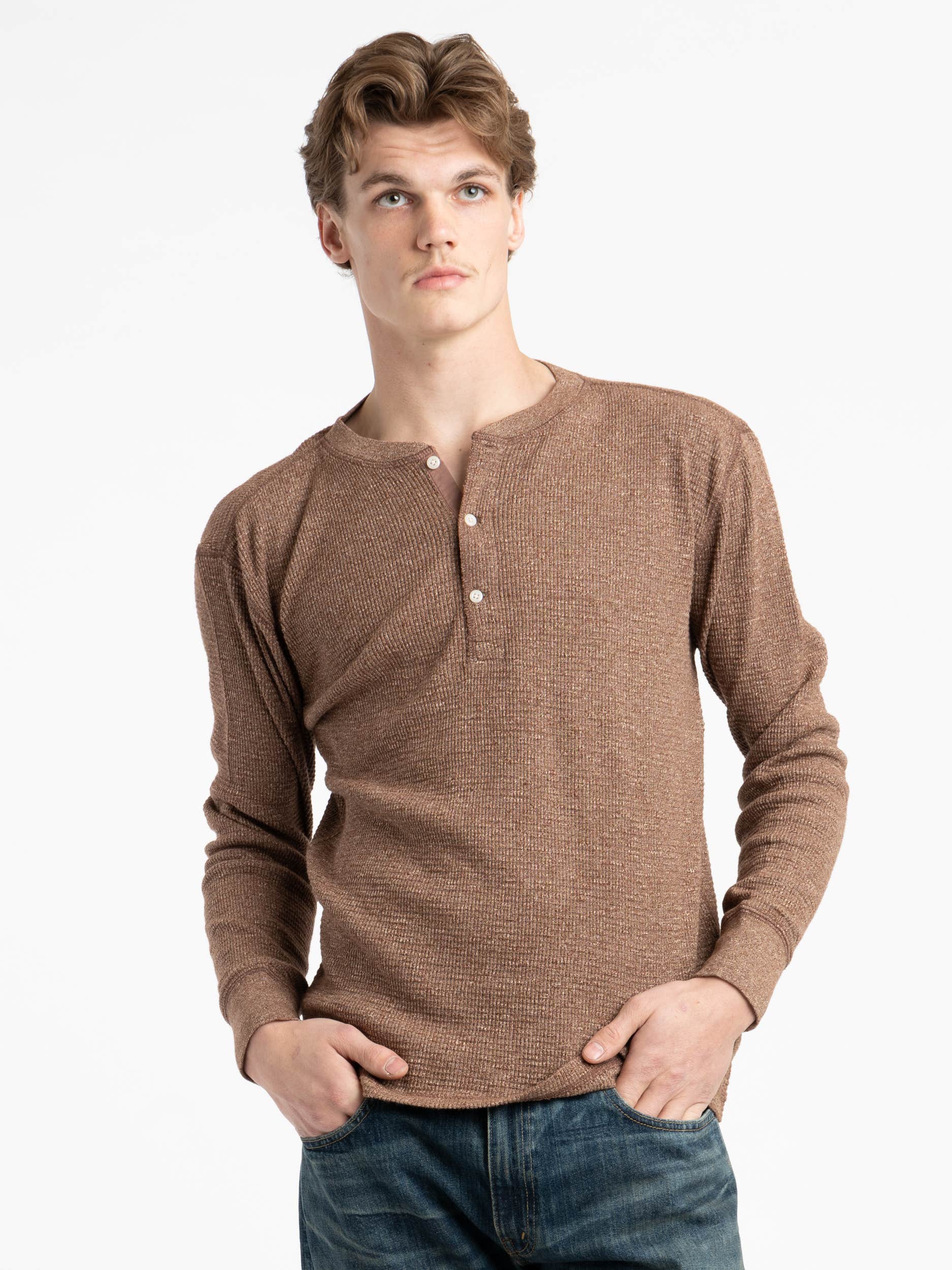 Brown Waffle-knit Henley Shirt