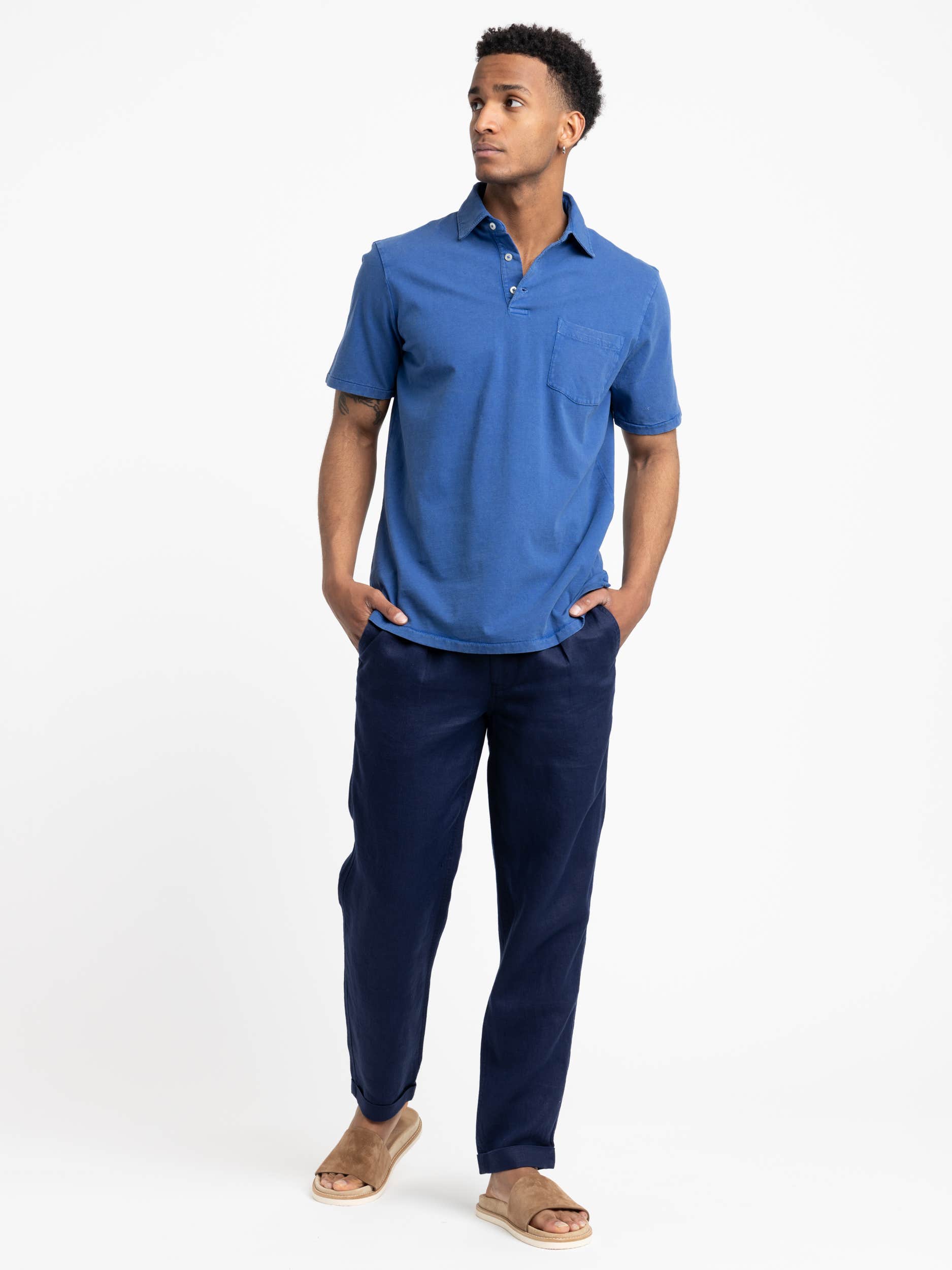 Royal Blue Classic Fit Cotton-Linen Polo Shirt