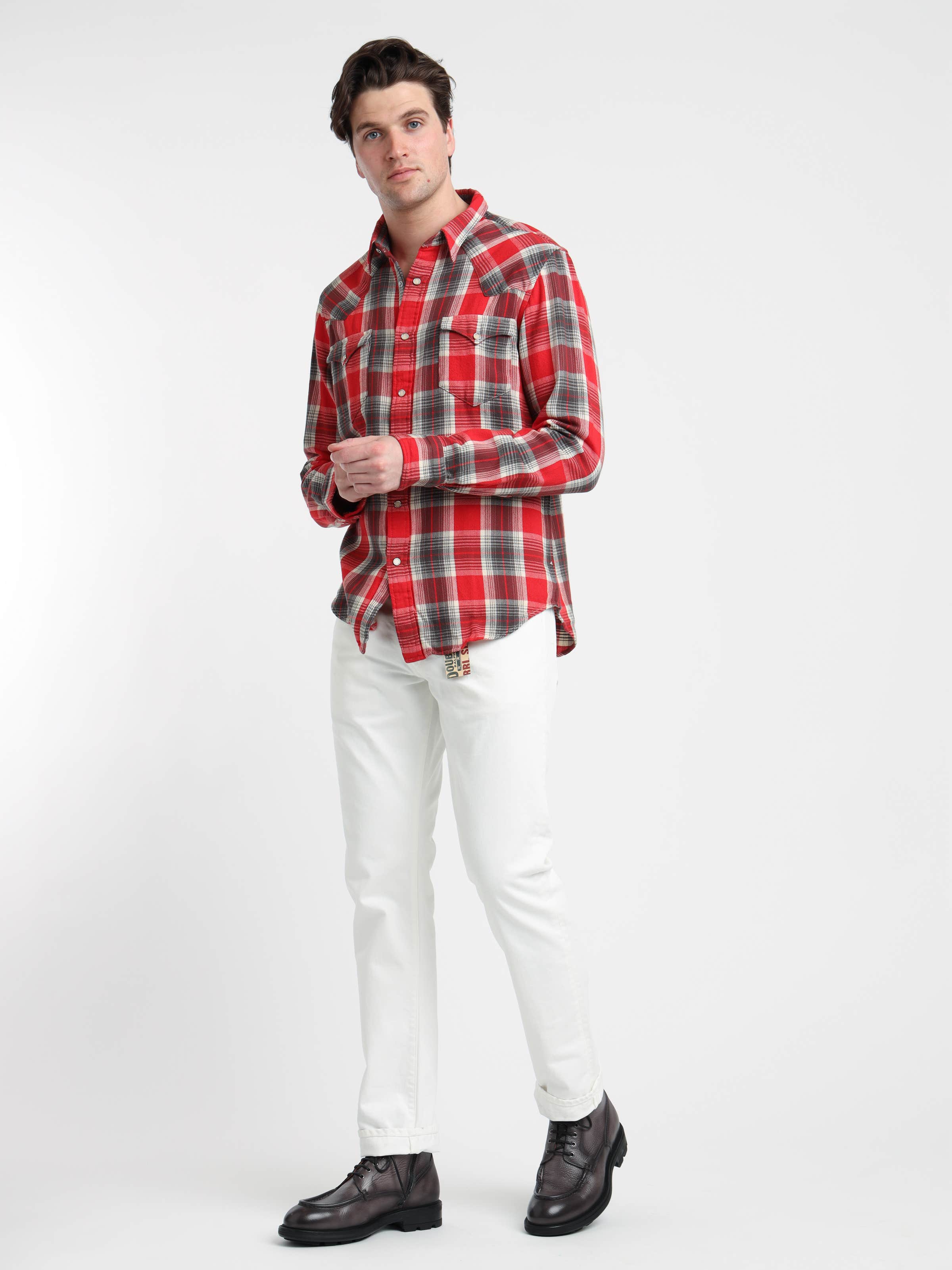 Red/Grey Slim Fit Plaid Twill Western Shirt