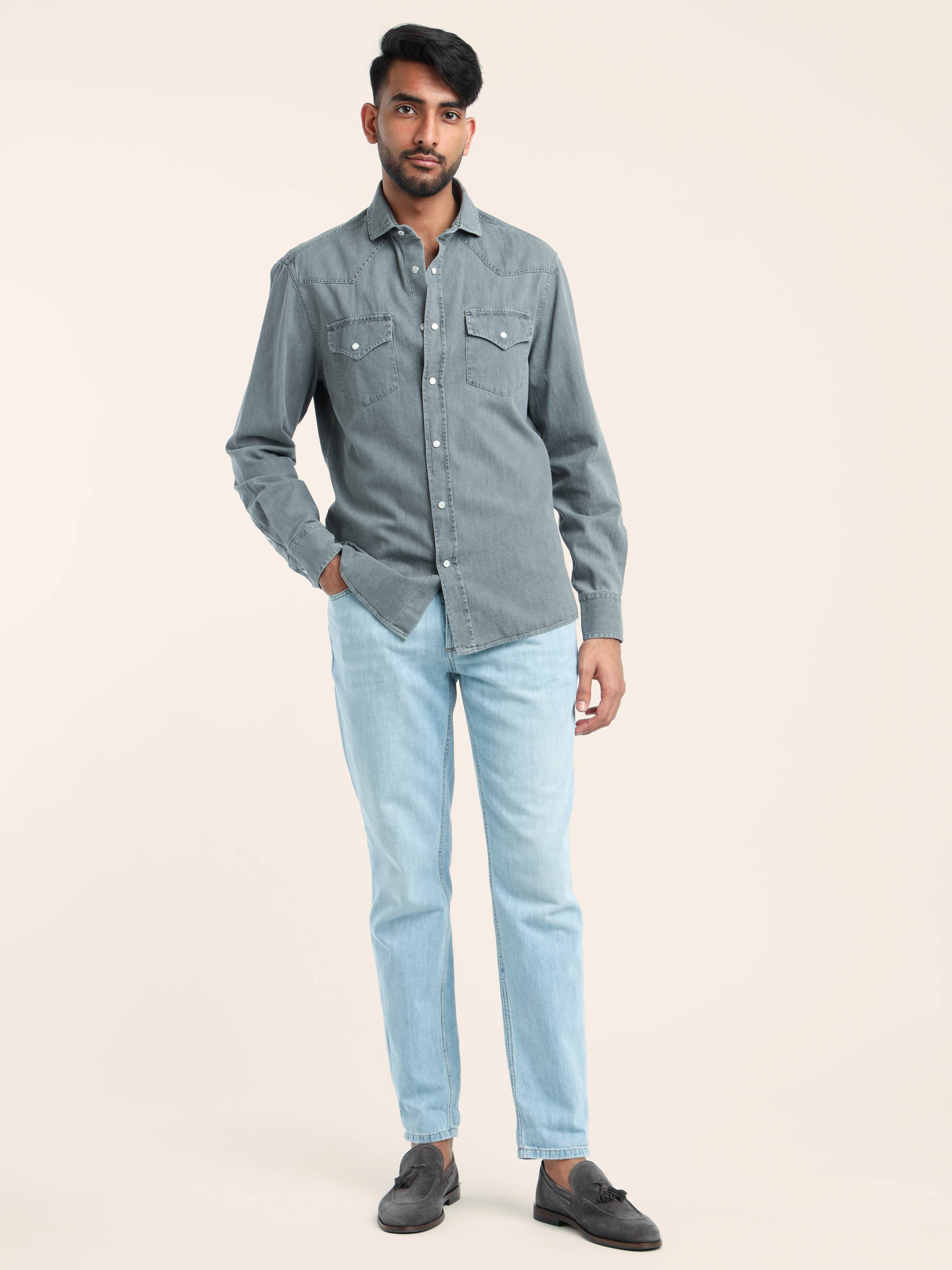 Grey Garment-Dyed Western Shirt in Lightweight Denim