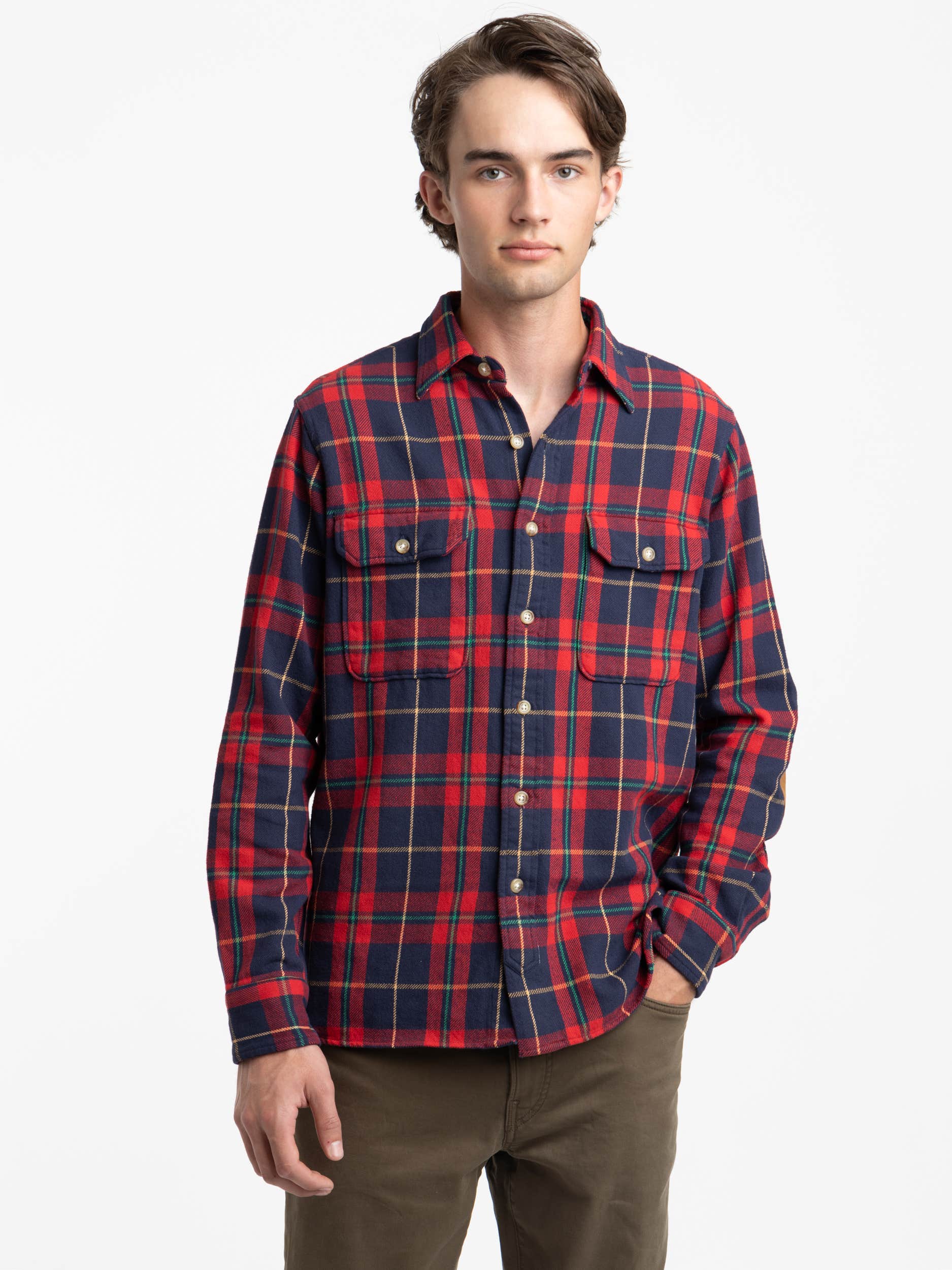 Red/Navy Classic Fit Suede-Patch Plaid Workshirt