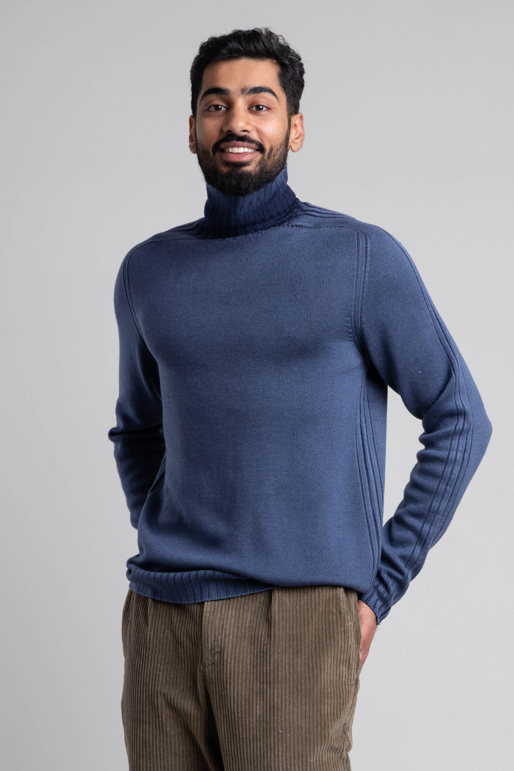 Blue Ribbed Wool Roll Neck