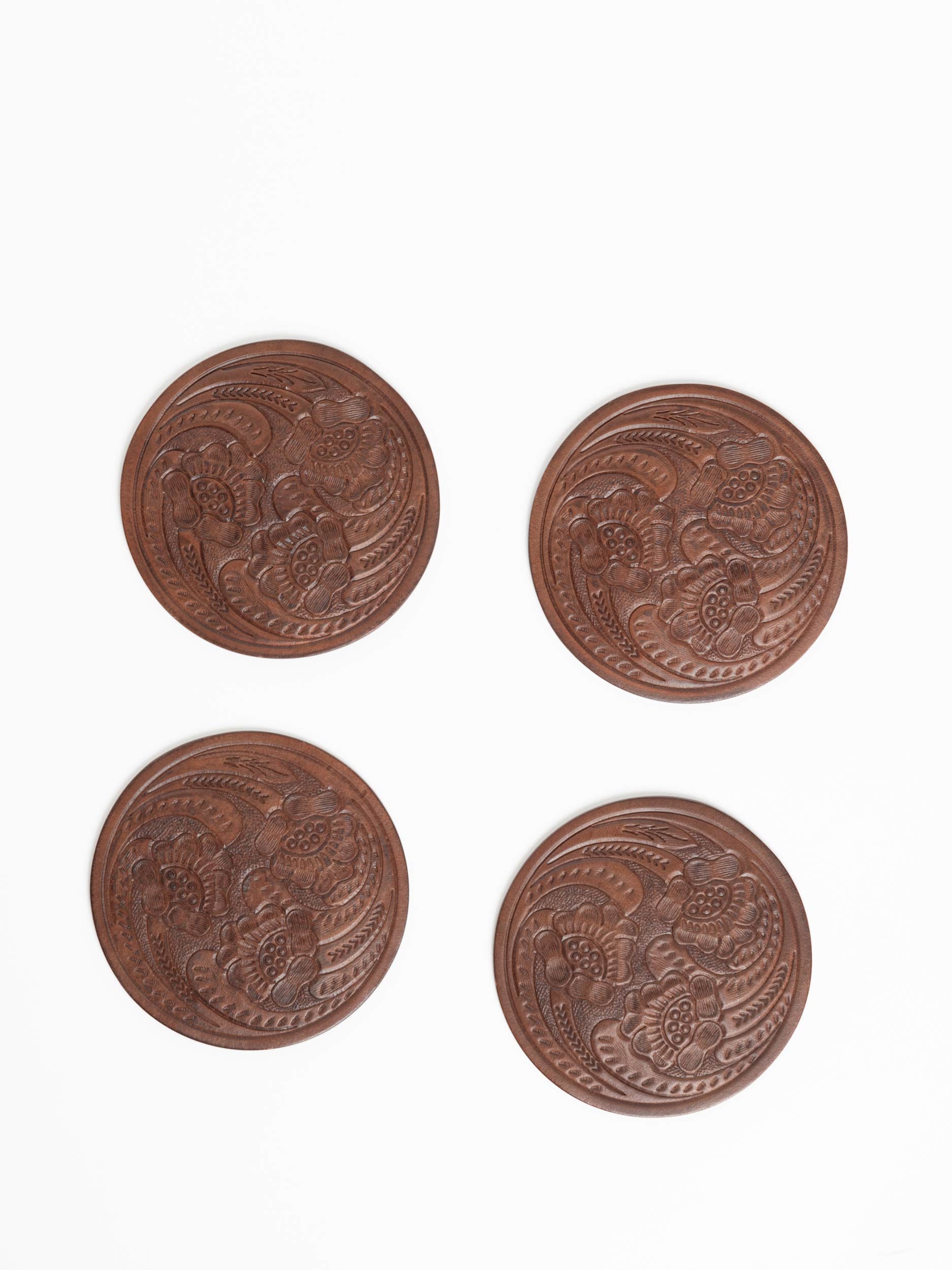 Brown Hand-Tooled Leather Coaster Set