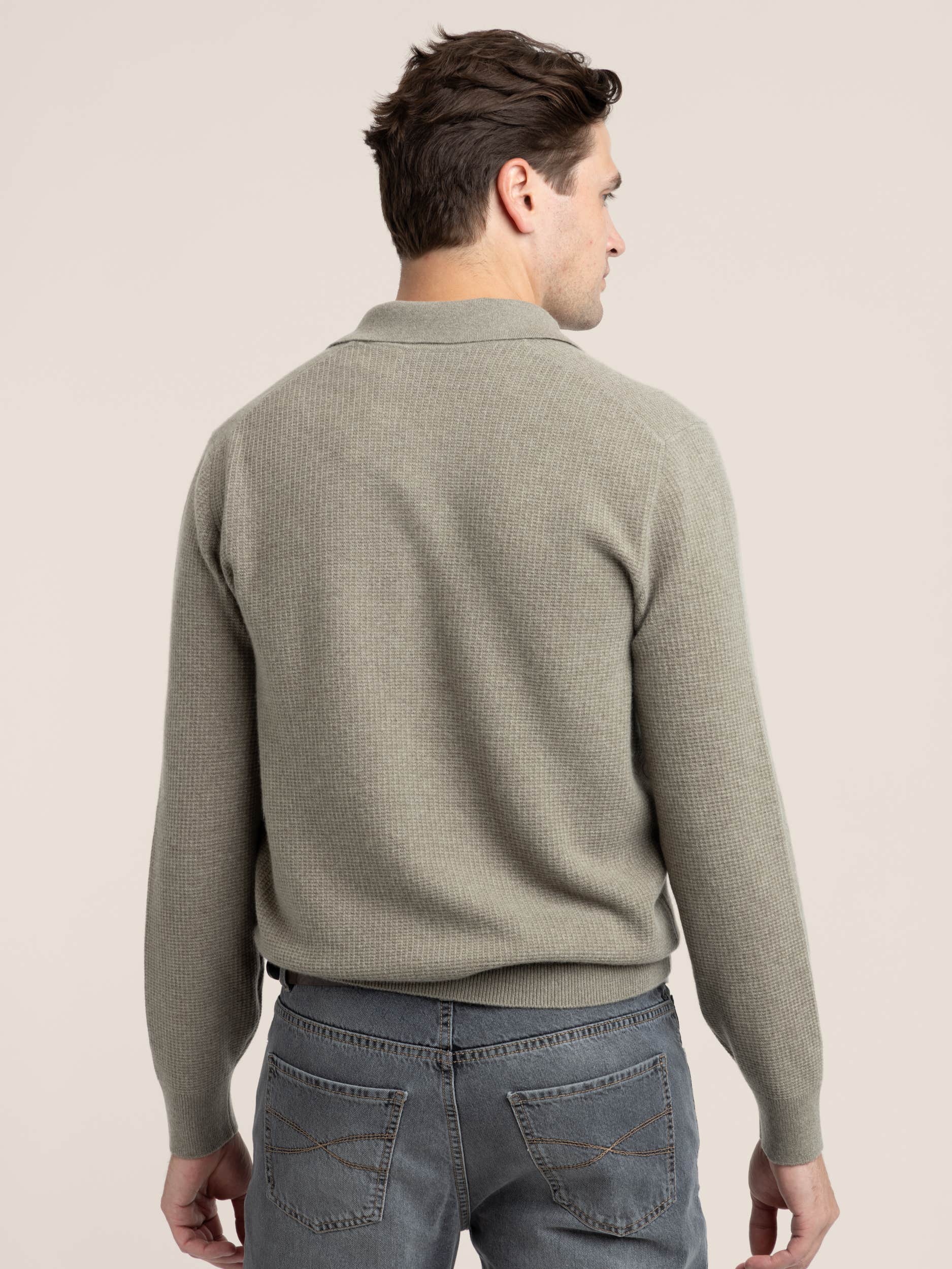 Olive Green Cashmere Waffle Stitch Knit Polo