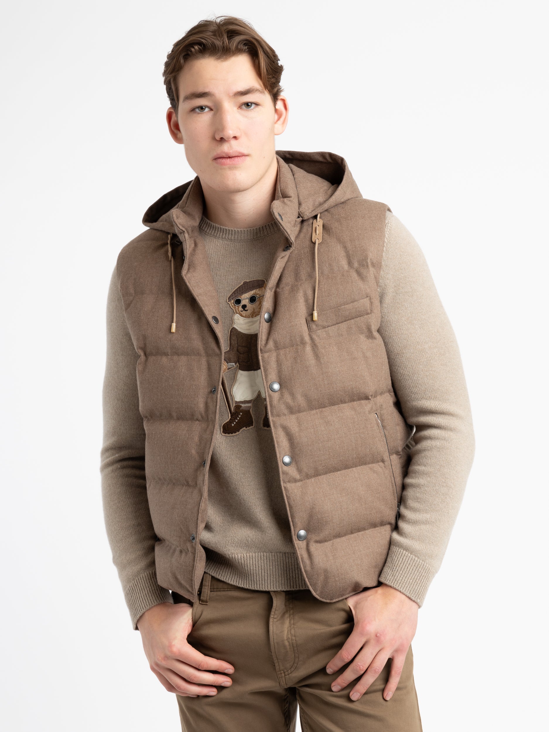 Taupe Joel Wool Flannel Hooded Down Vest – The Helm Clothing