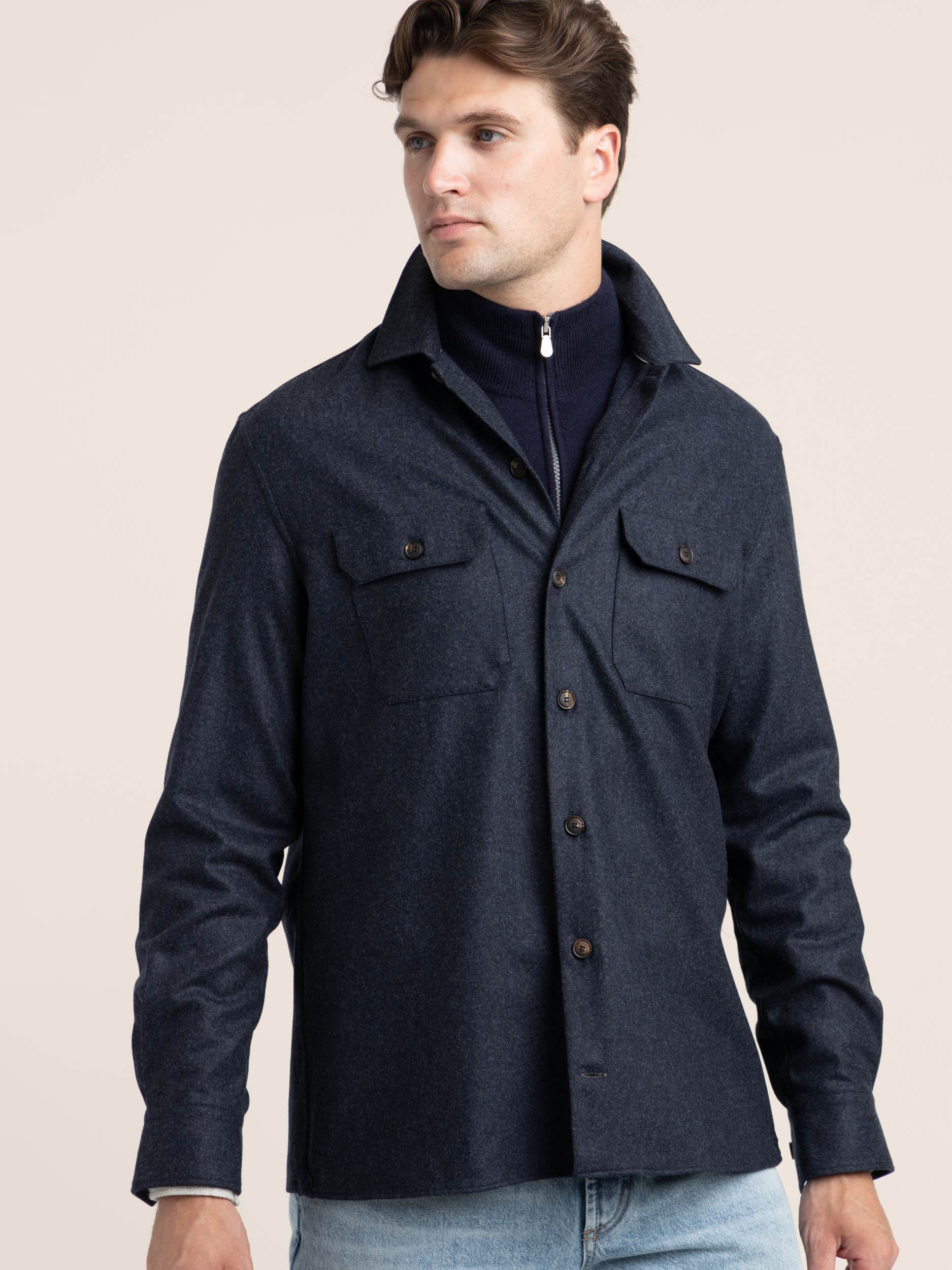 Dark Blue Virgin Wool Flannel Overshirt