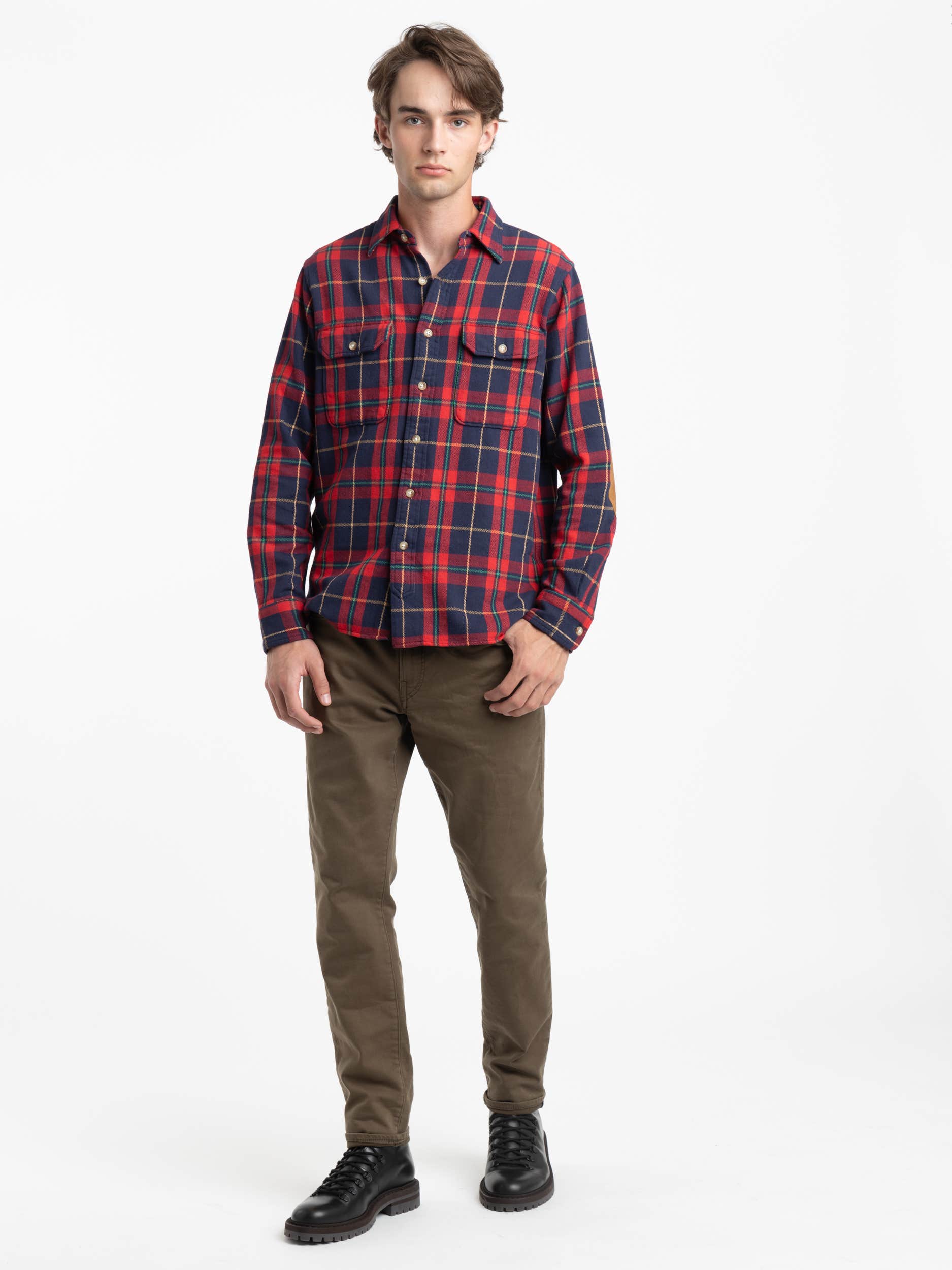 Red/Navy Classic Fit Suede-Patch Plaid Workshirt