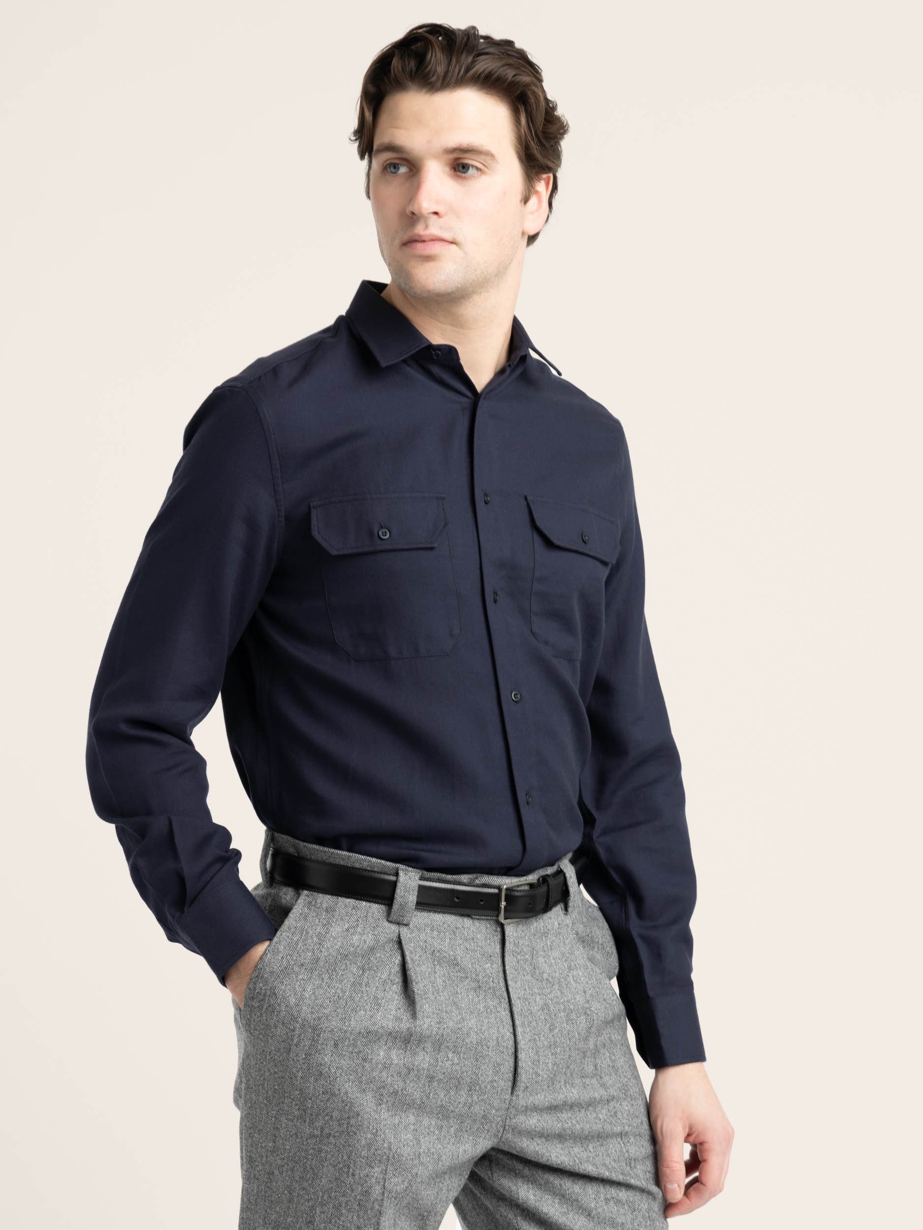Navy Cotton-Cashmere Dress Shirt