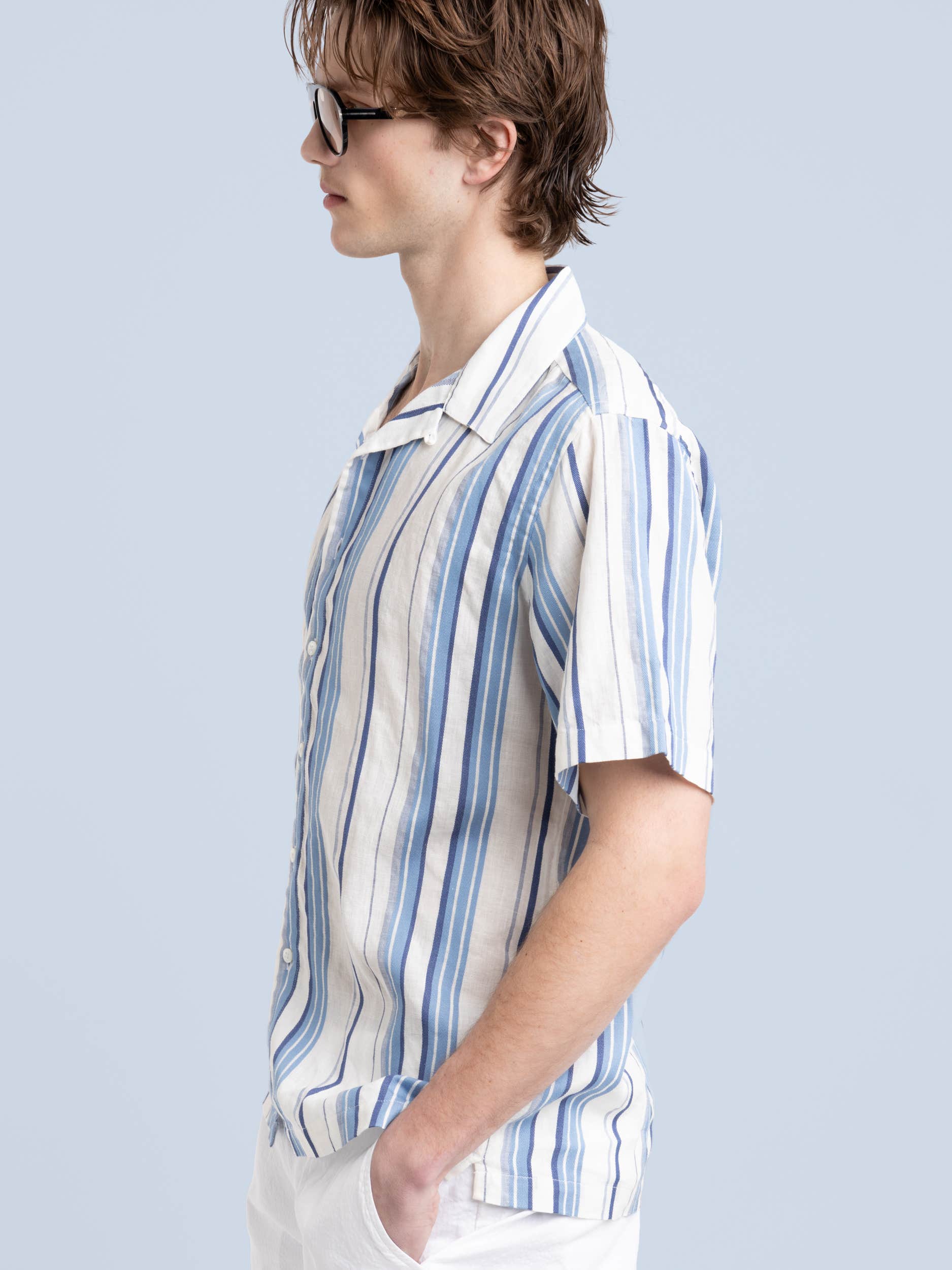 Navy/White Striped Short Sleeve Kent Collar Shirt