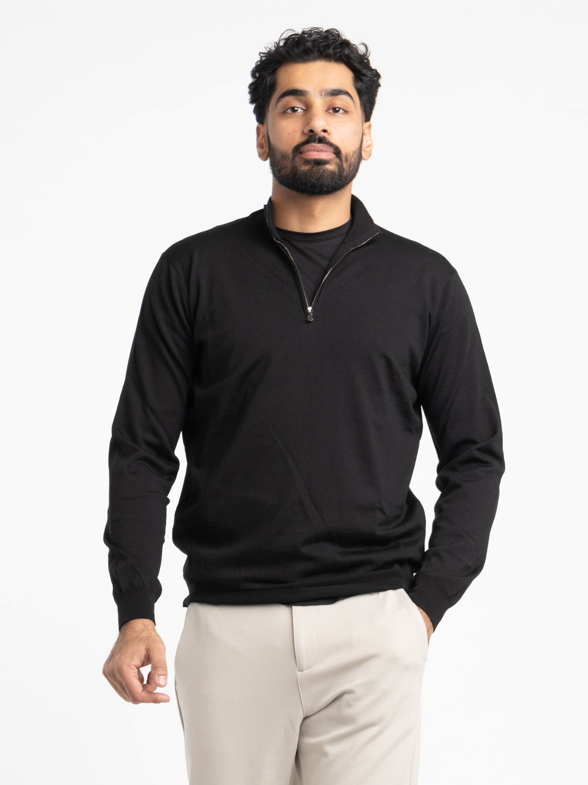 Black Lightweight Wool Quarter Zip Sweater