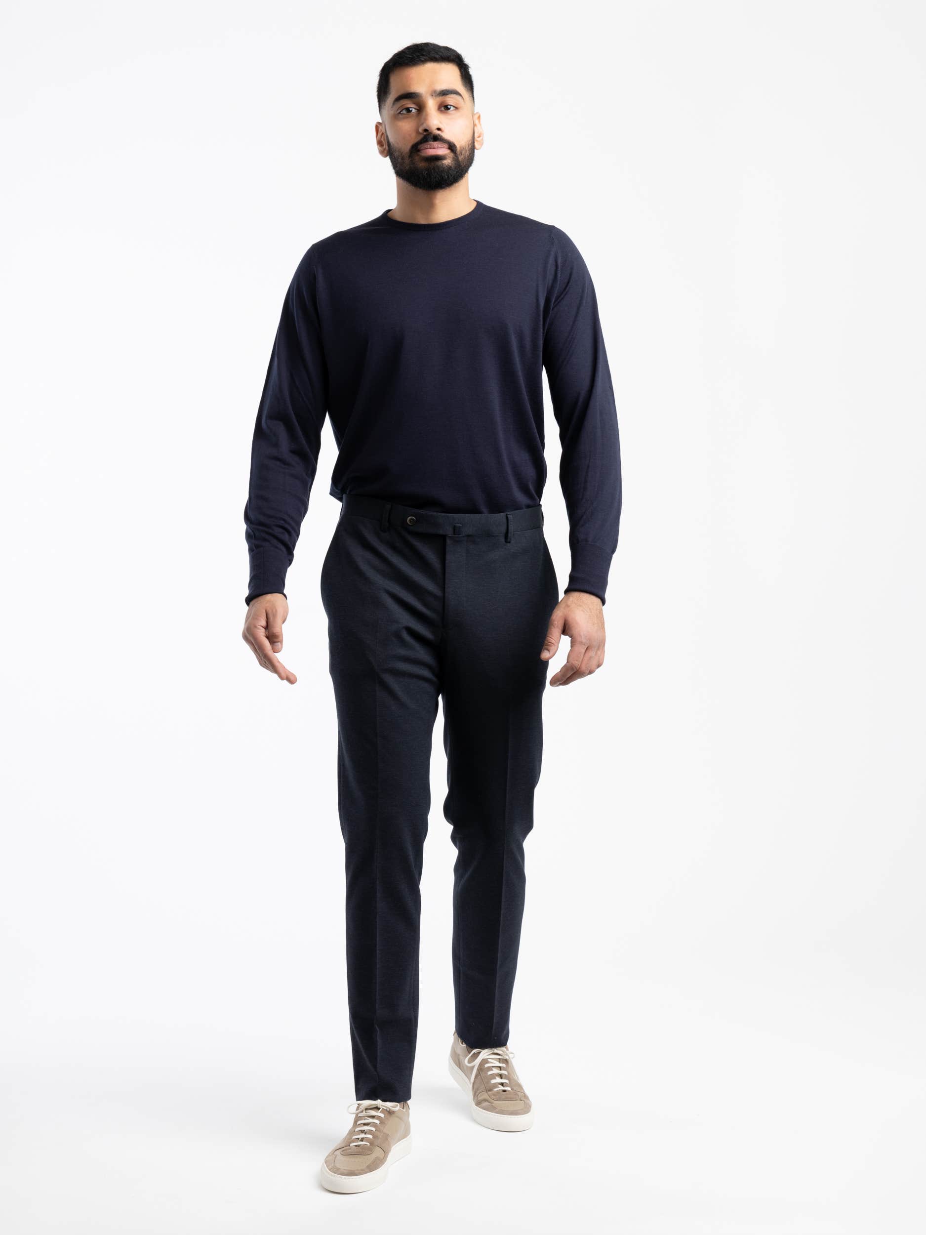 Navy Micro Cotton-Blend Trousers