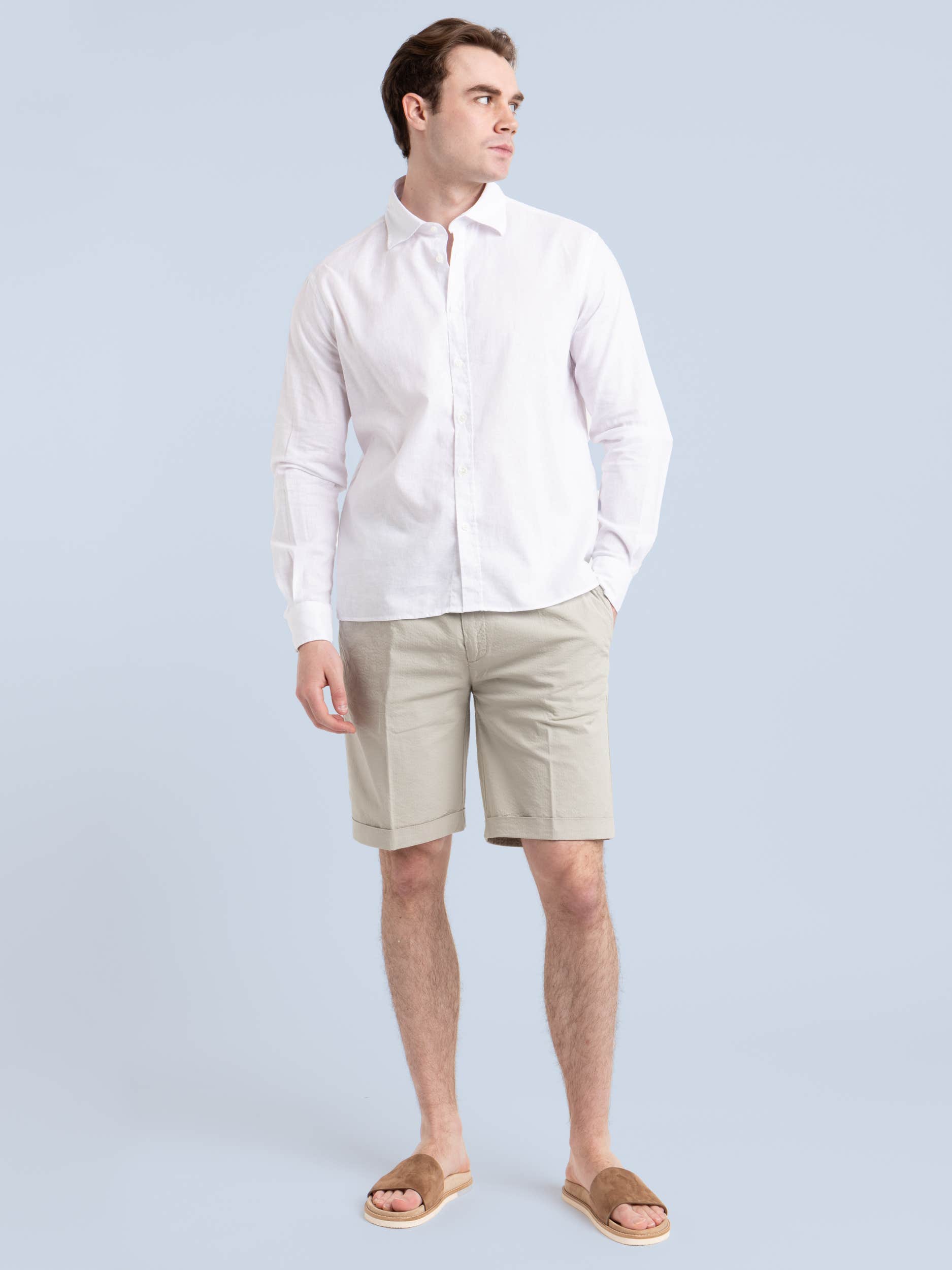 White Linen-Cotton Kent Collar Shirt