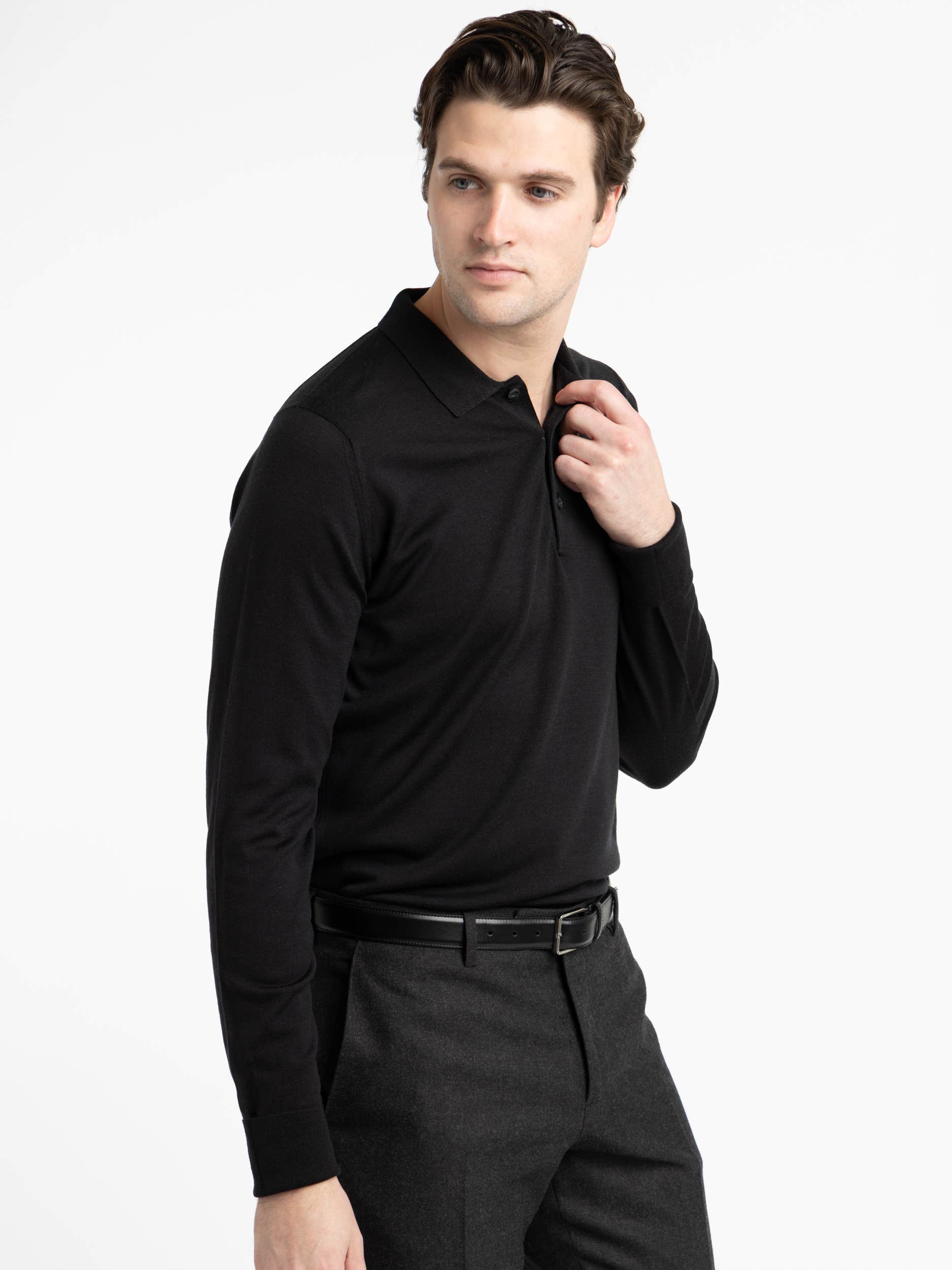 Black Cotswold Extra-Fine Merino Wool Polo Shirt