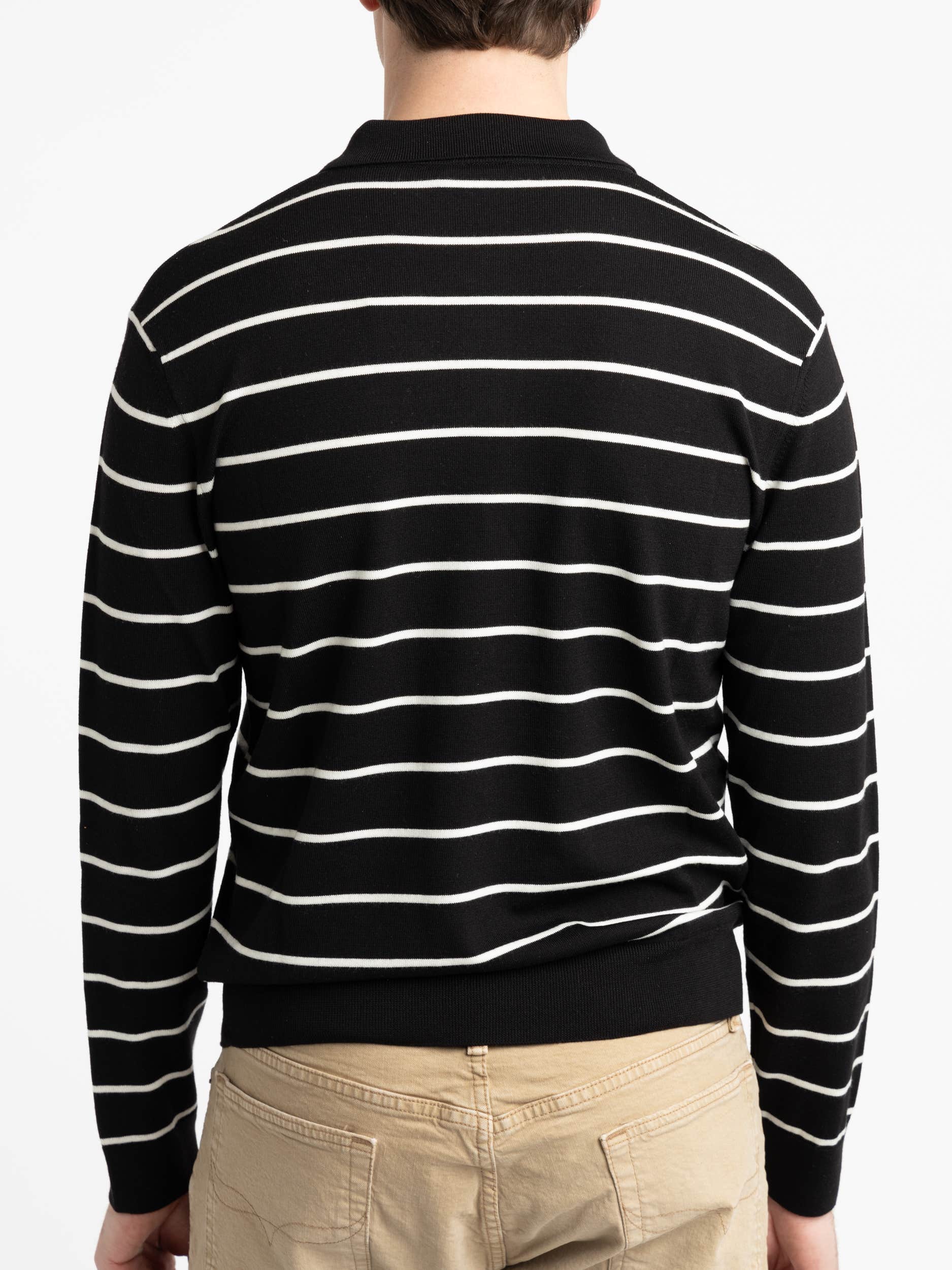 Black Striped Wool Long Sleeve Knit Polo