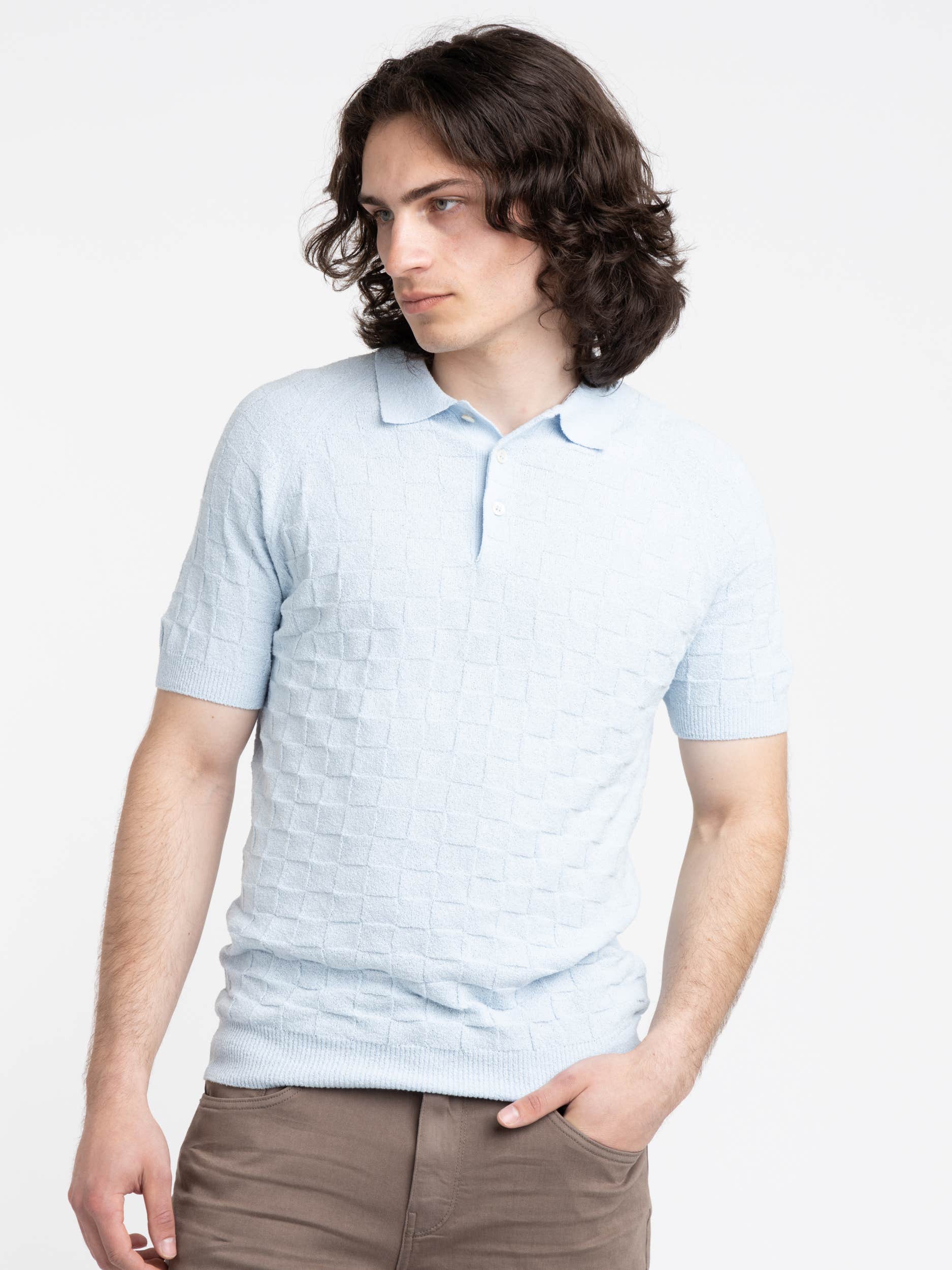 Light Blue Terry Towel Checkered Polo Knit