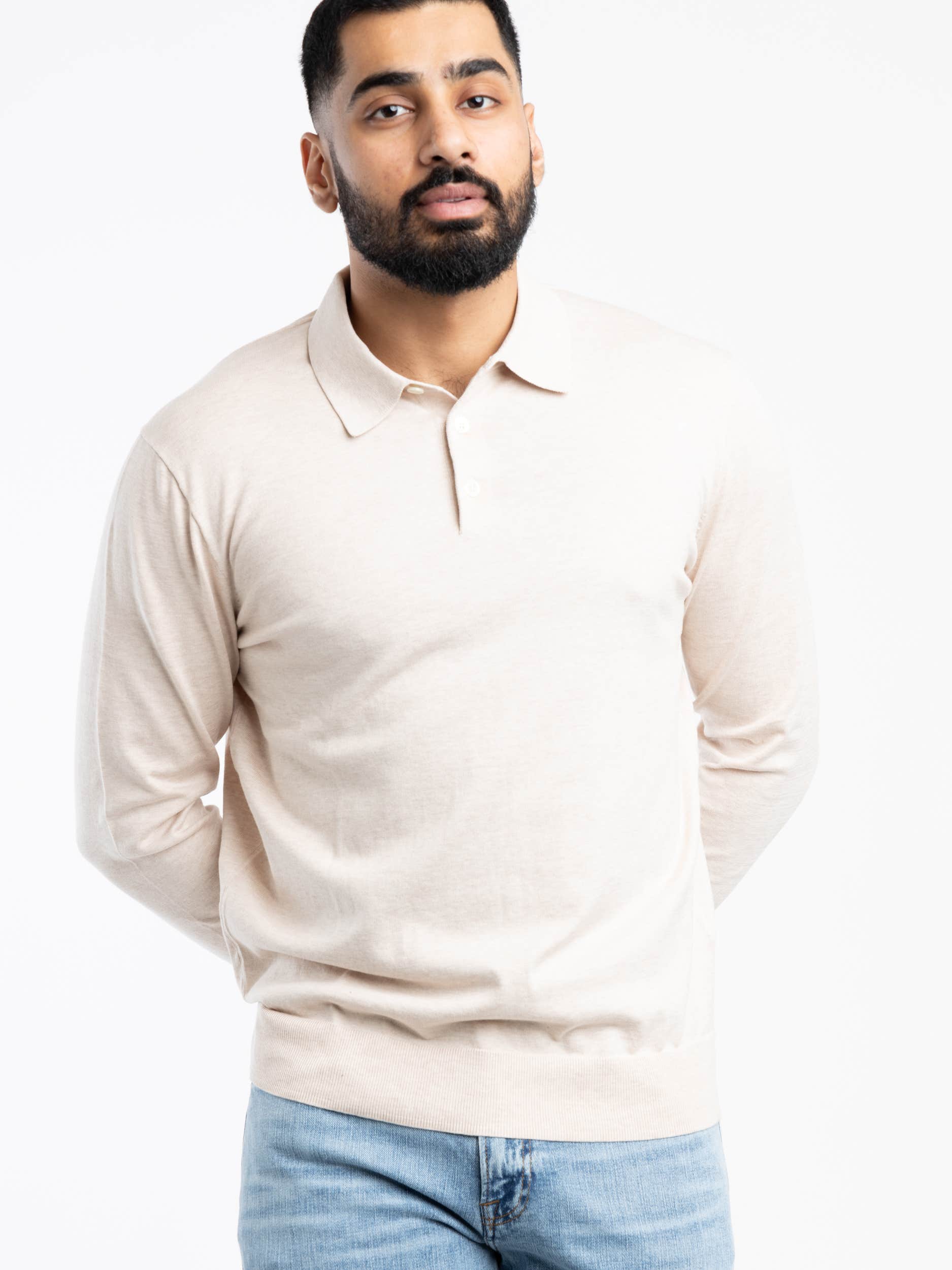Light Sand Cotton Polo-Collar Sweater