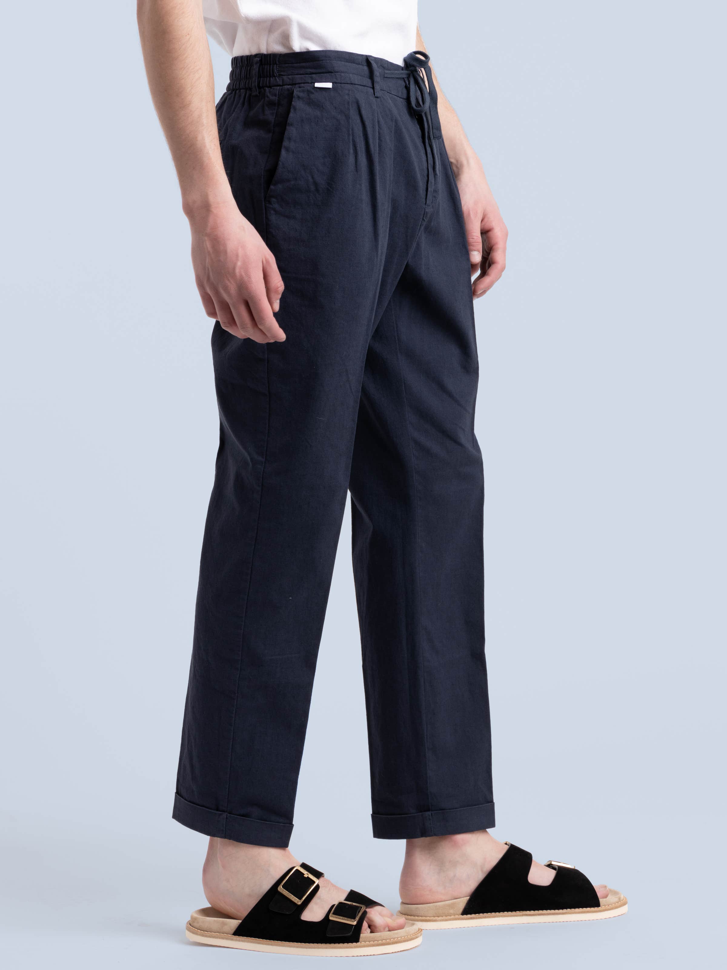 Navy Linen-Cotton Drawstring Trouser