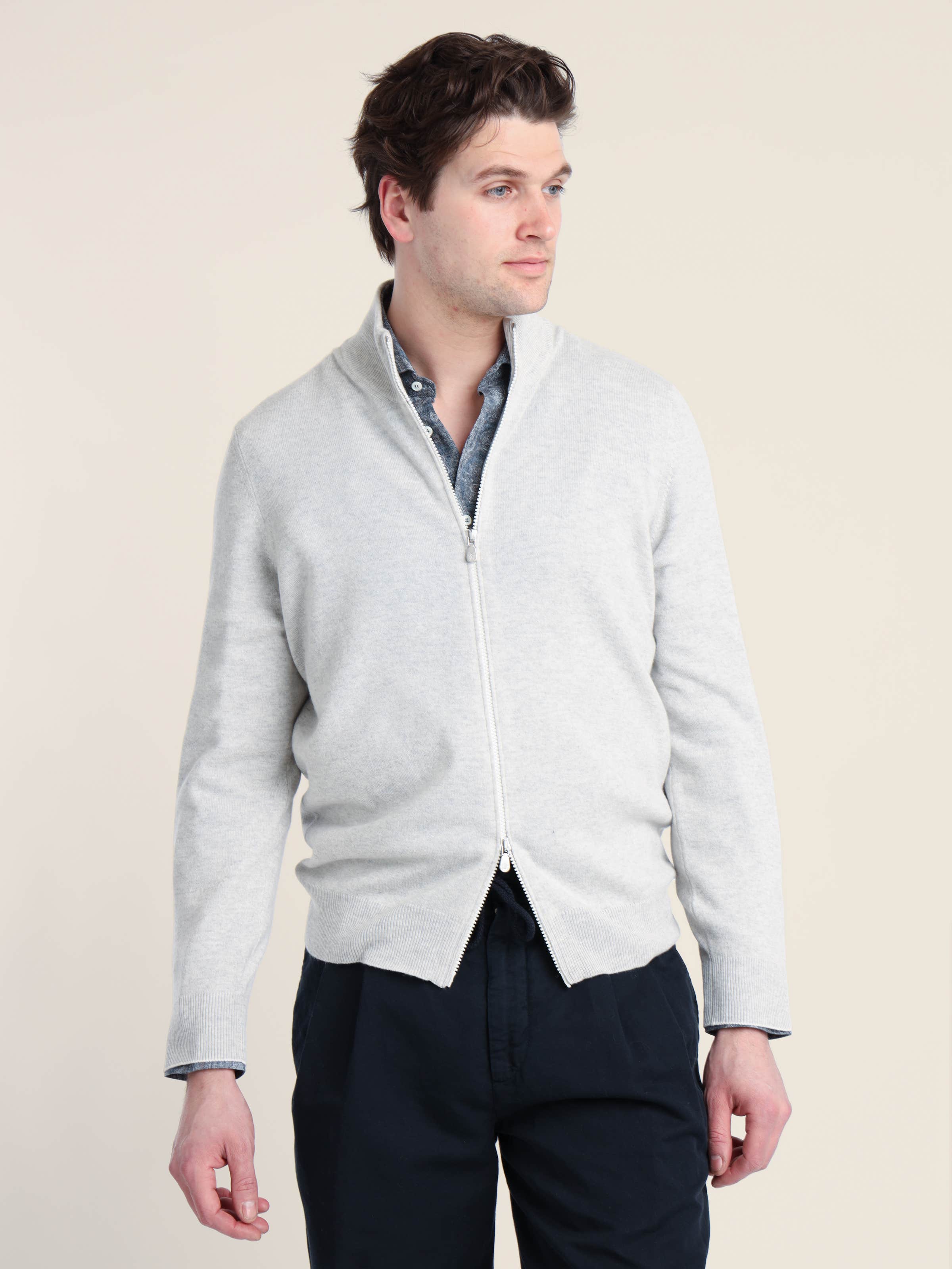 Fog Grey Cashmere Full-Zip Cardigan