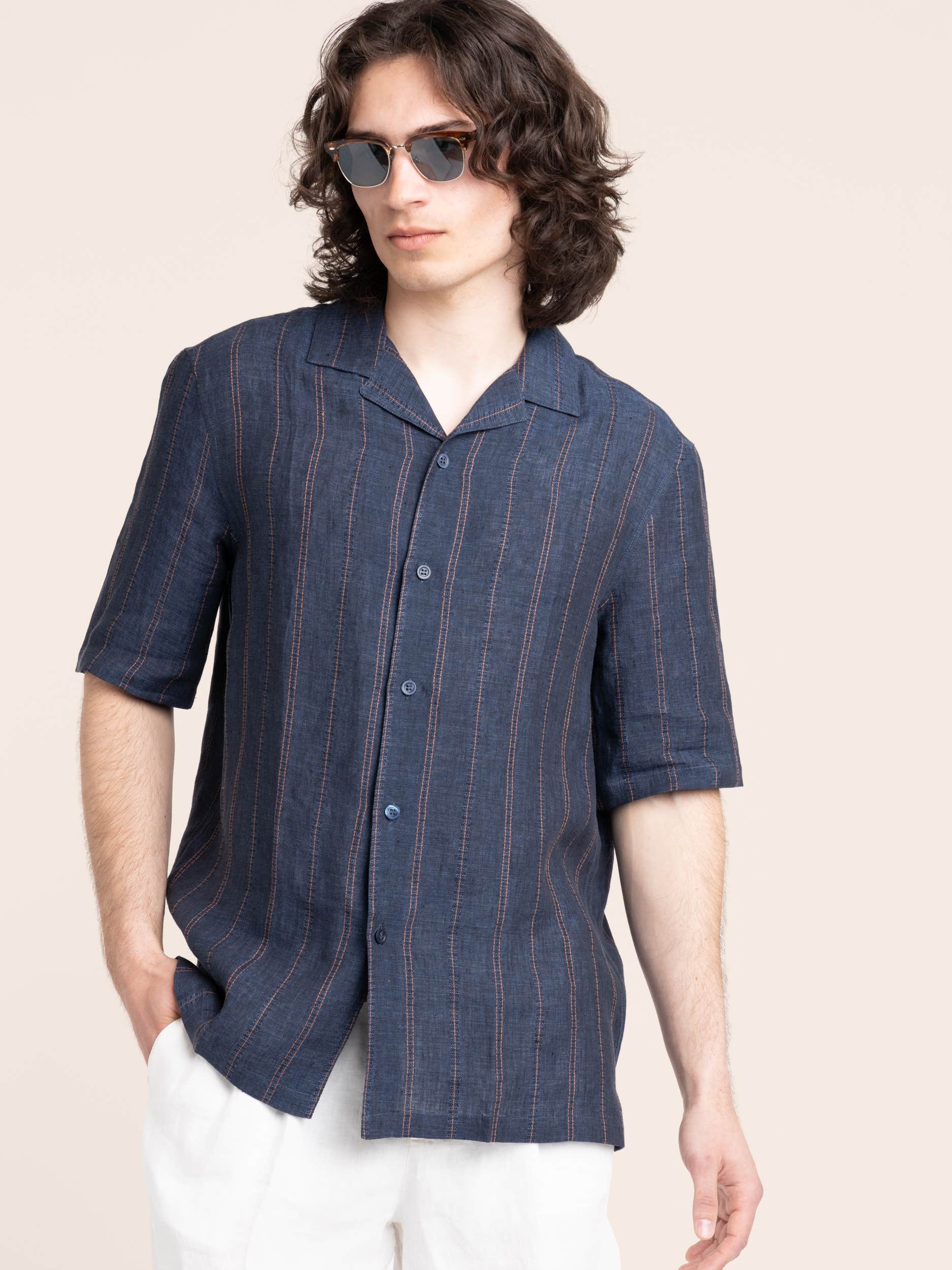 Navy Embroidered Striped Linen Shirt