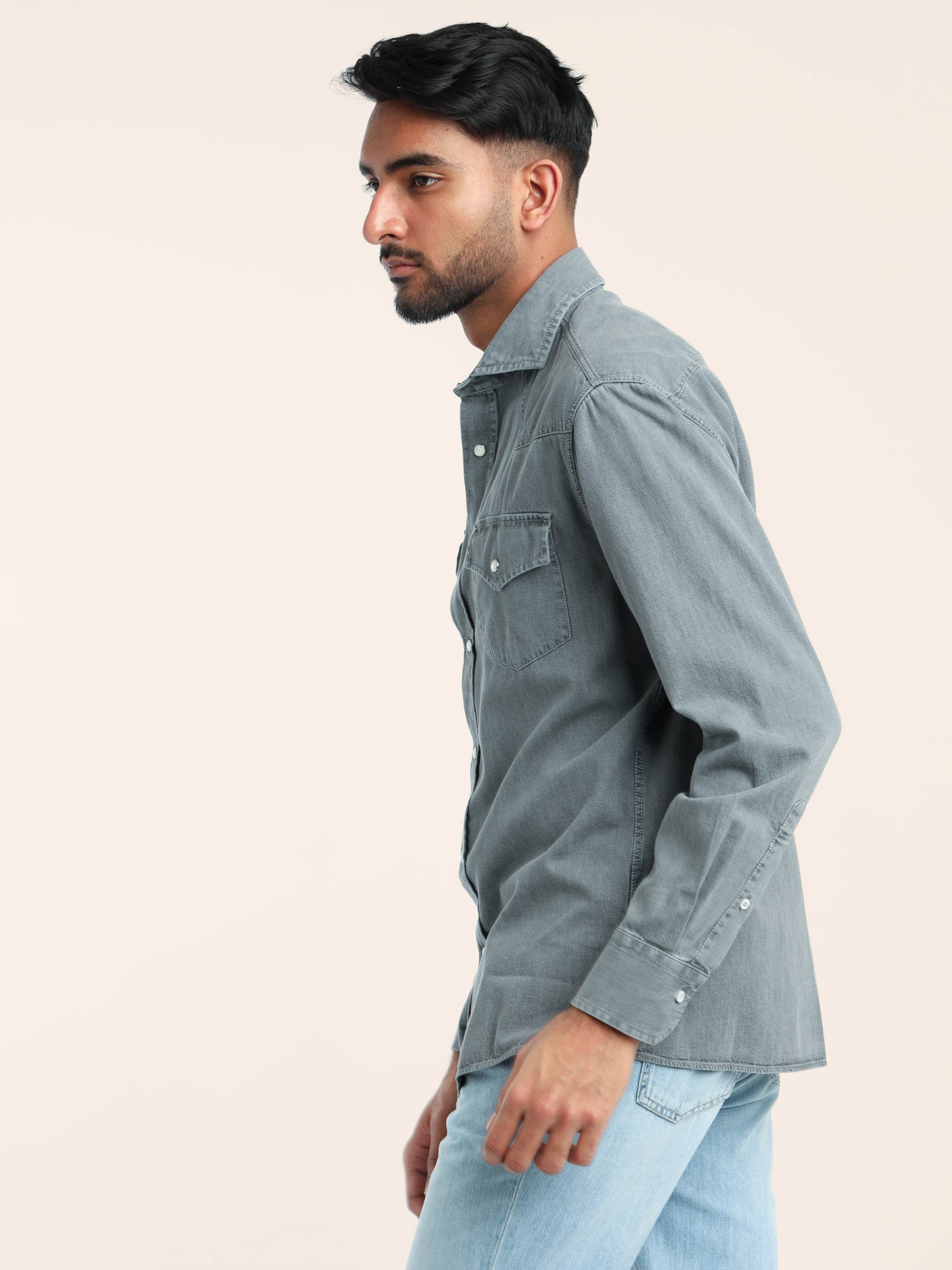 Grey Garment-Dyed Western Shirt in Lightweight Denim