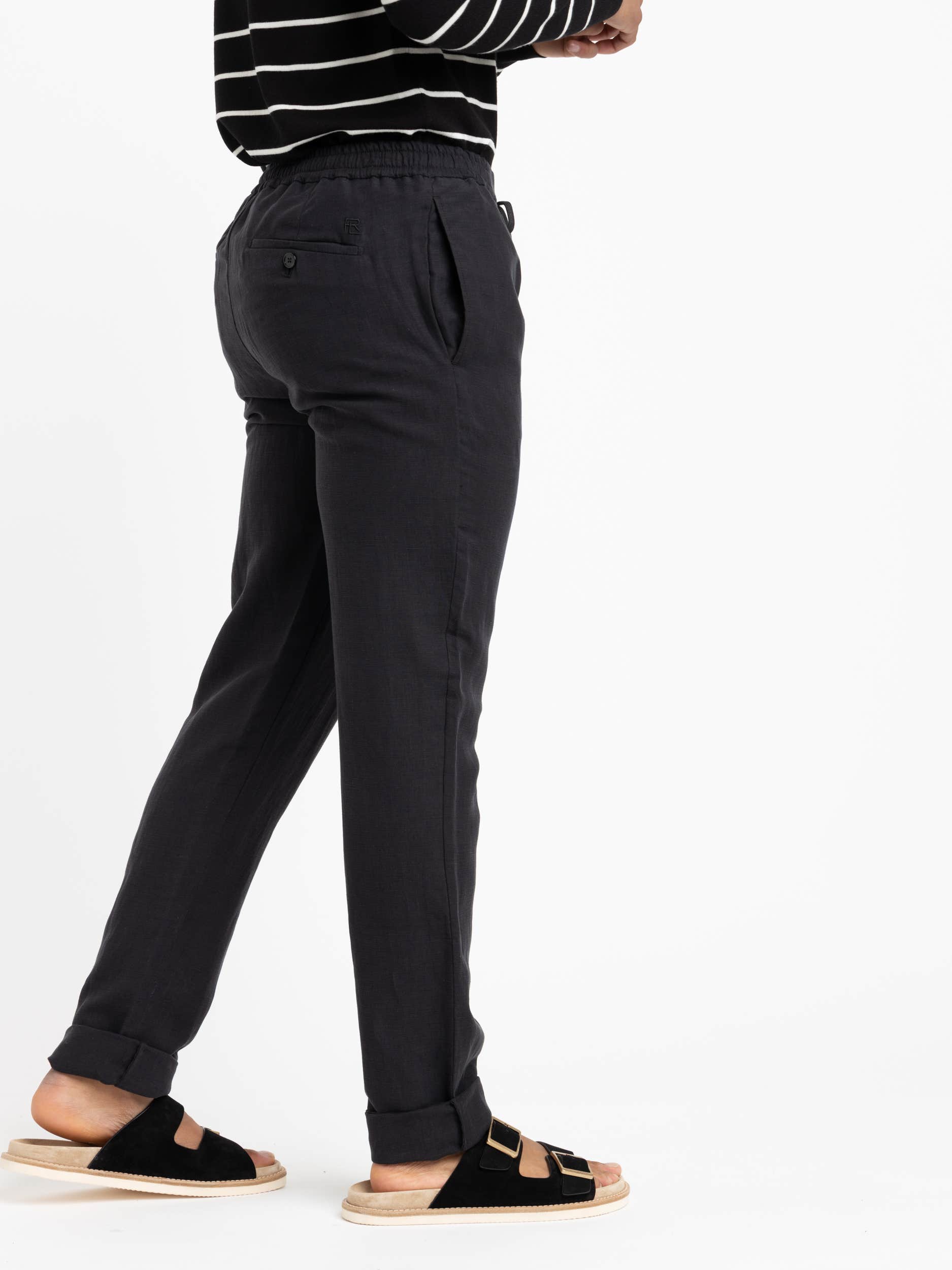 Black Silk-Linen Drawstring Trousers