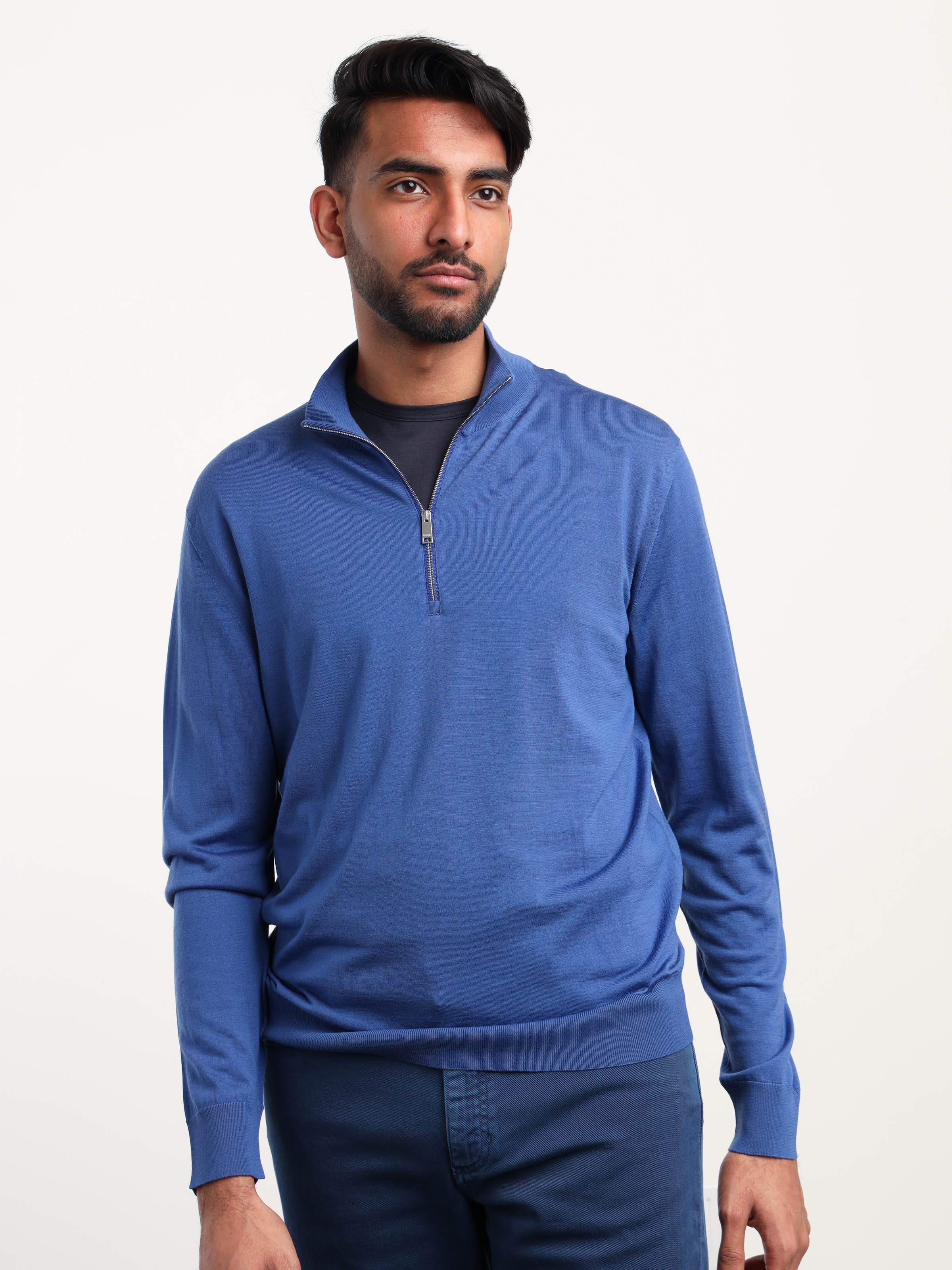 Blue Wool Quarter-Zip Sweater