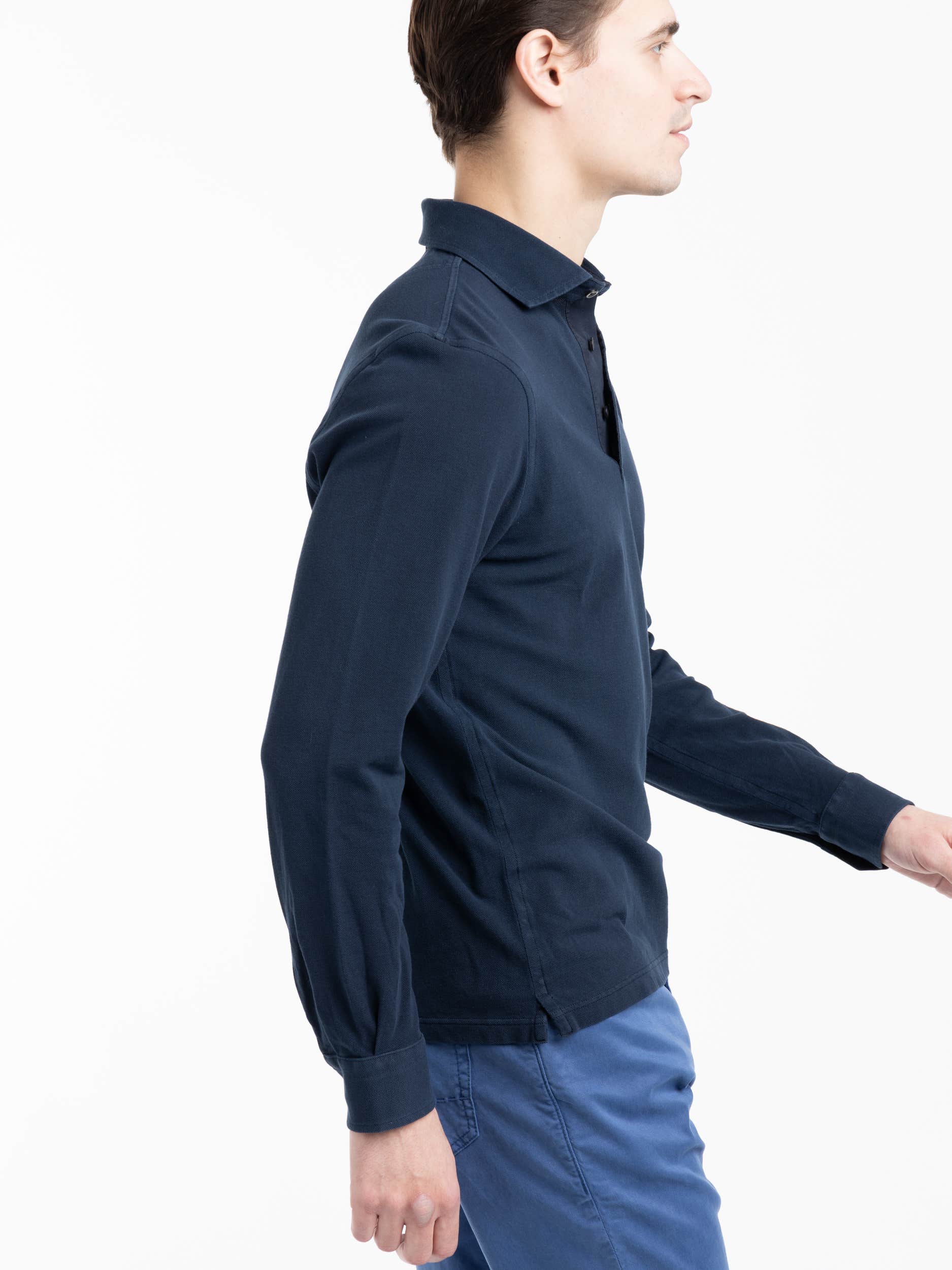 Navy Cotton Long-Sleeve Polo