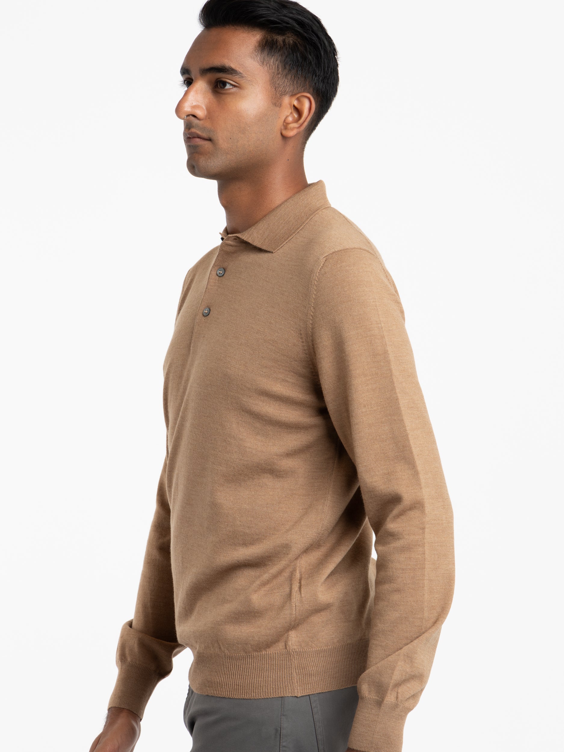 Camel Brown Extra Fine Merino Wool Polo Shirt The Helm Clothing