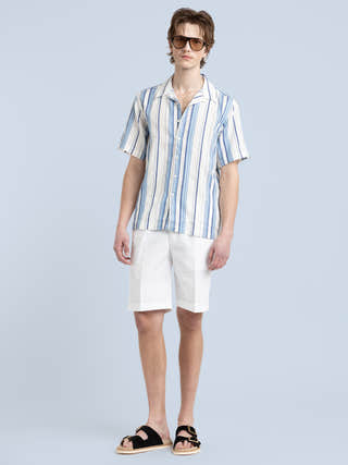 04651 / A trip in a bag Navy/White Striped Short Sleeve Kent Collar Shirt