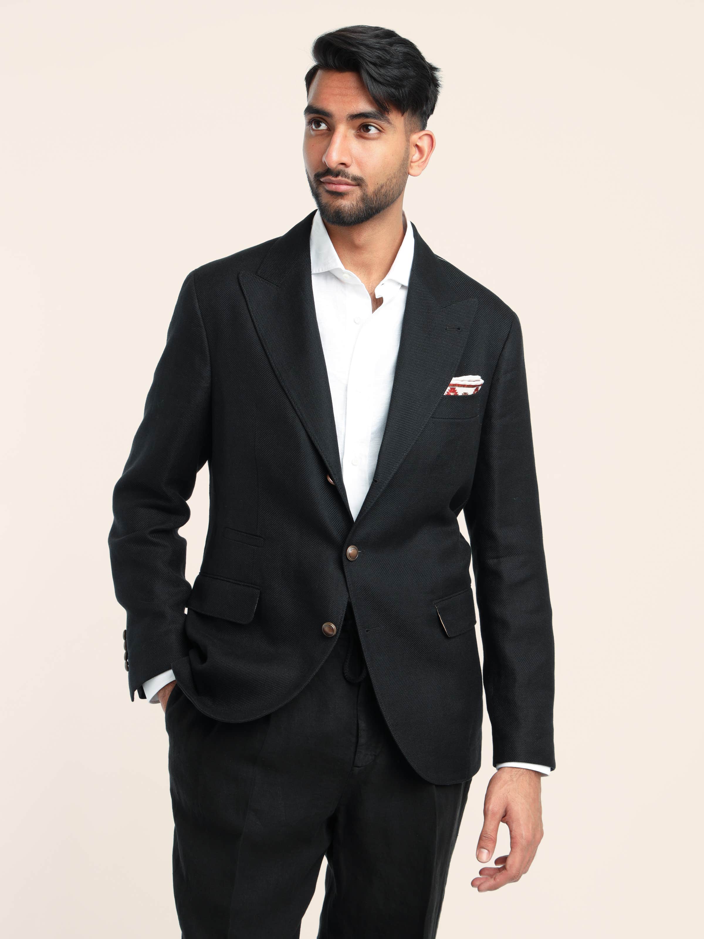 Black Linen-Wool-Silk Diagonal Deconstructed Sport Jacket