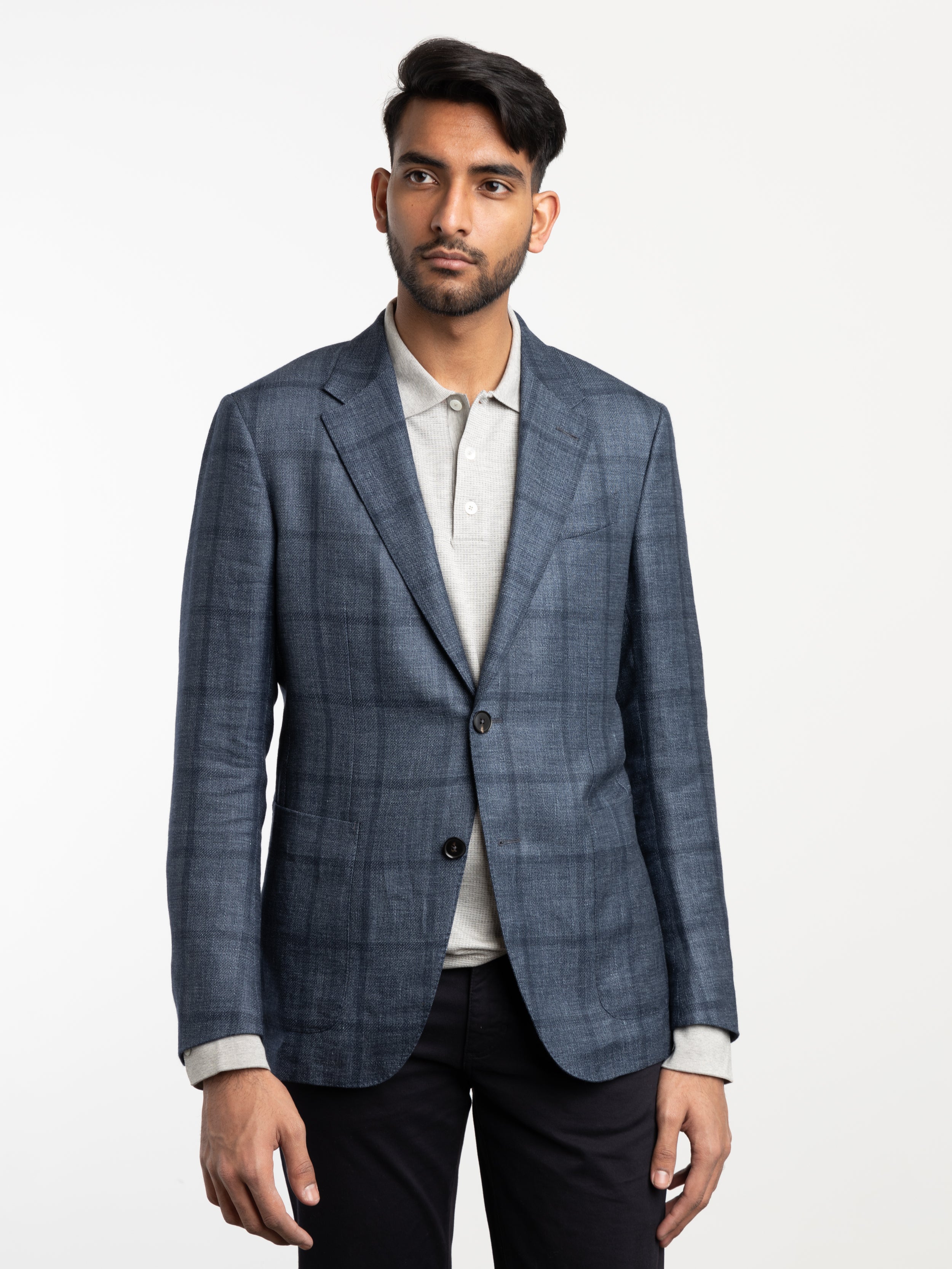 Blue Check Cashmere Linen Blend Sport Jacket The Helm Clothing