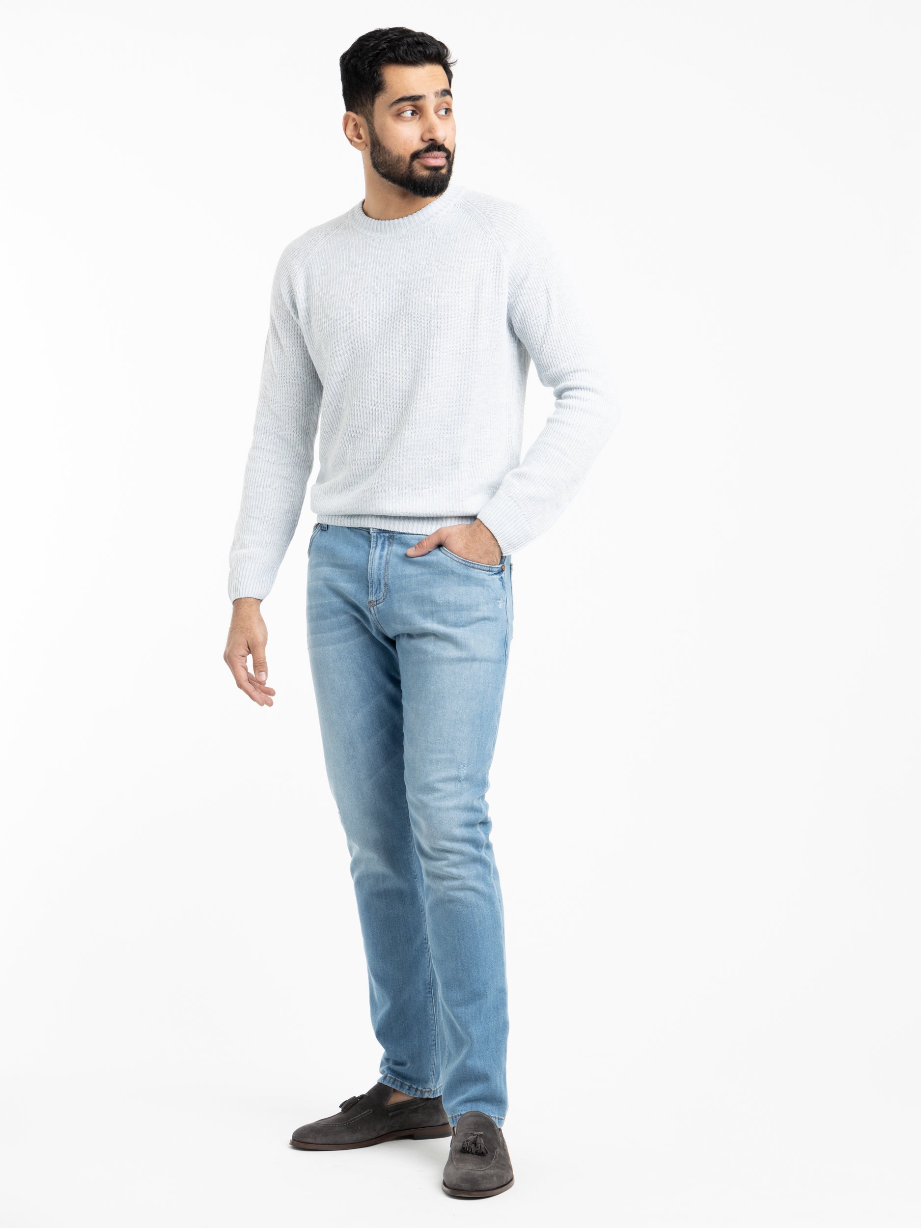 Light Blue Ribbed Flax Cotton Crewneck Sweater The Helm Clothing