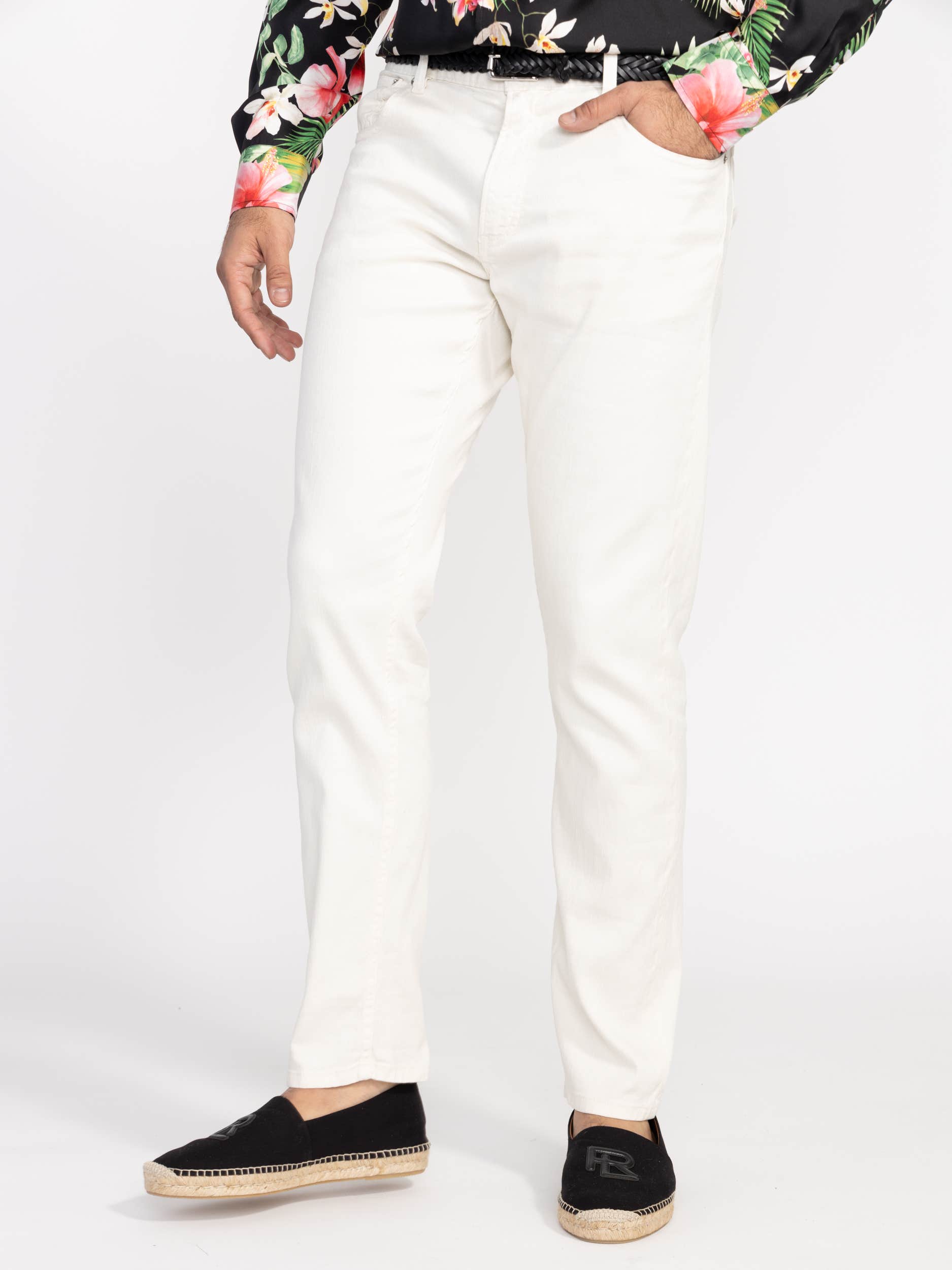 White Linen-Cotton Blend 5-Pocket Pant