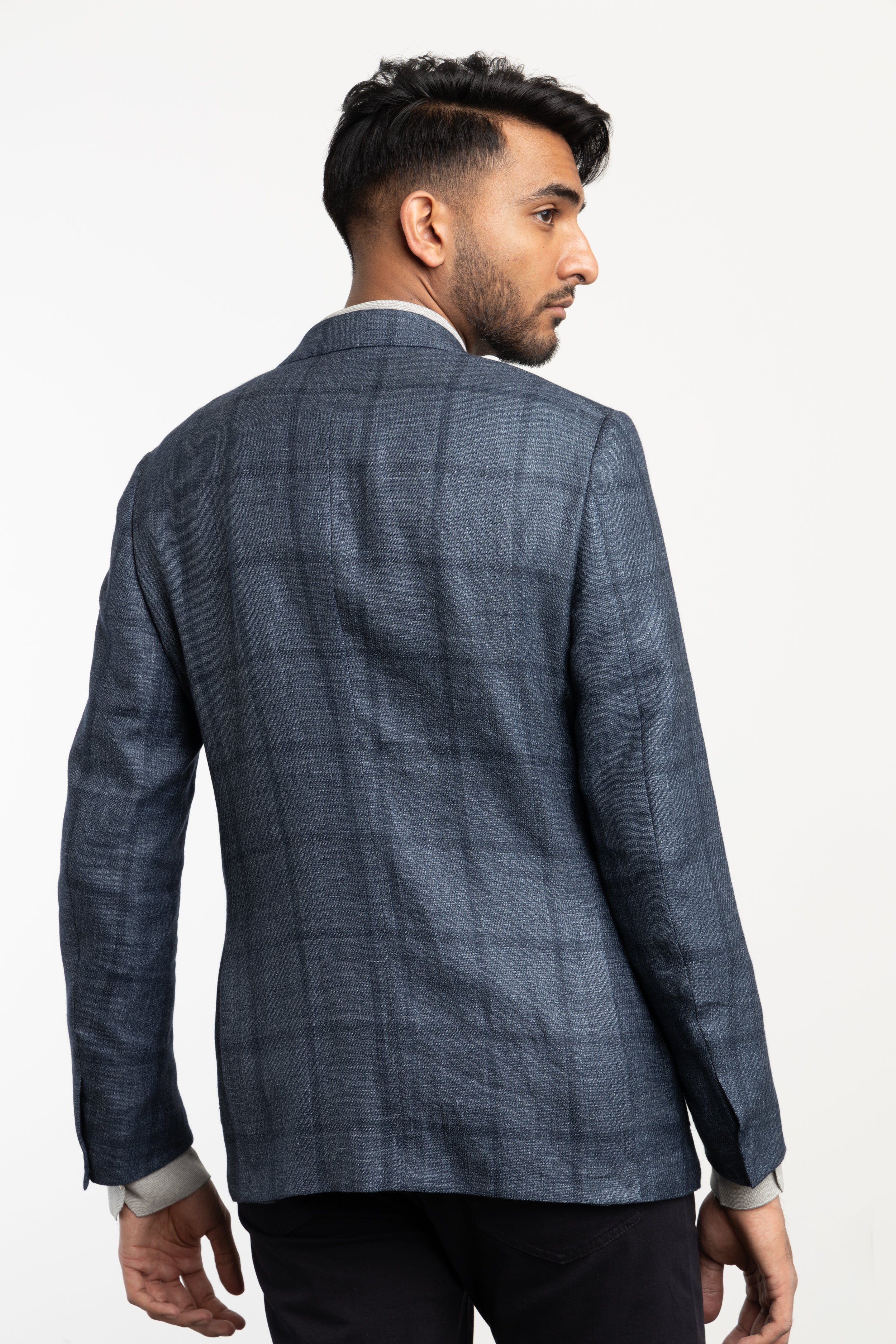 Blue Check Cashmere Linen Blend Sport Jacket The Helm Clothing