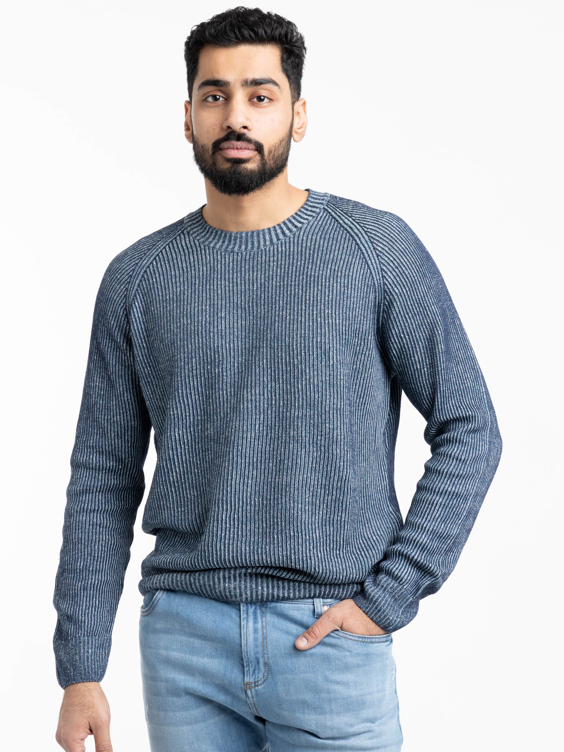 Blue Ribbed Flax-Cotton Crewneck Sweater