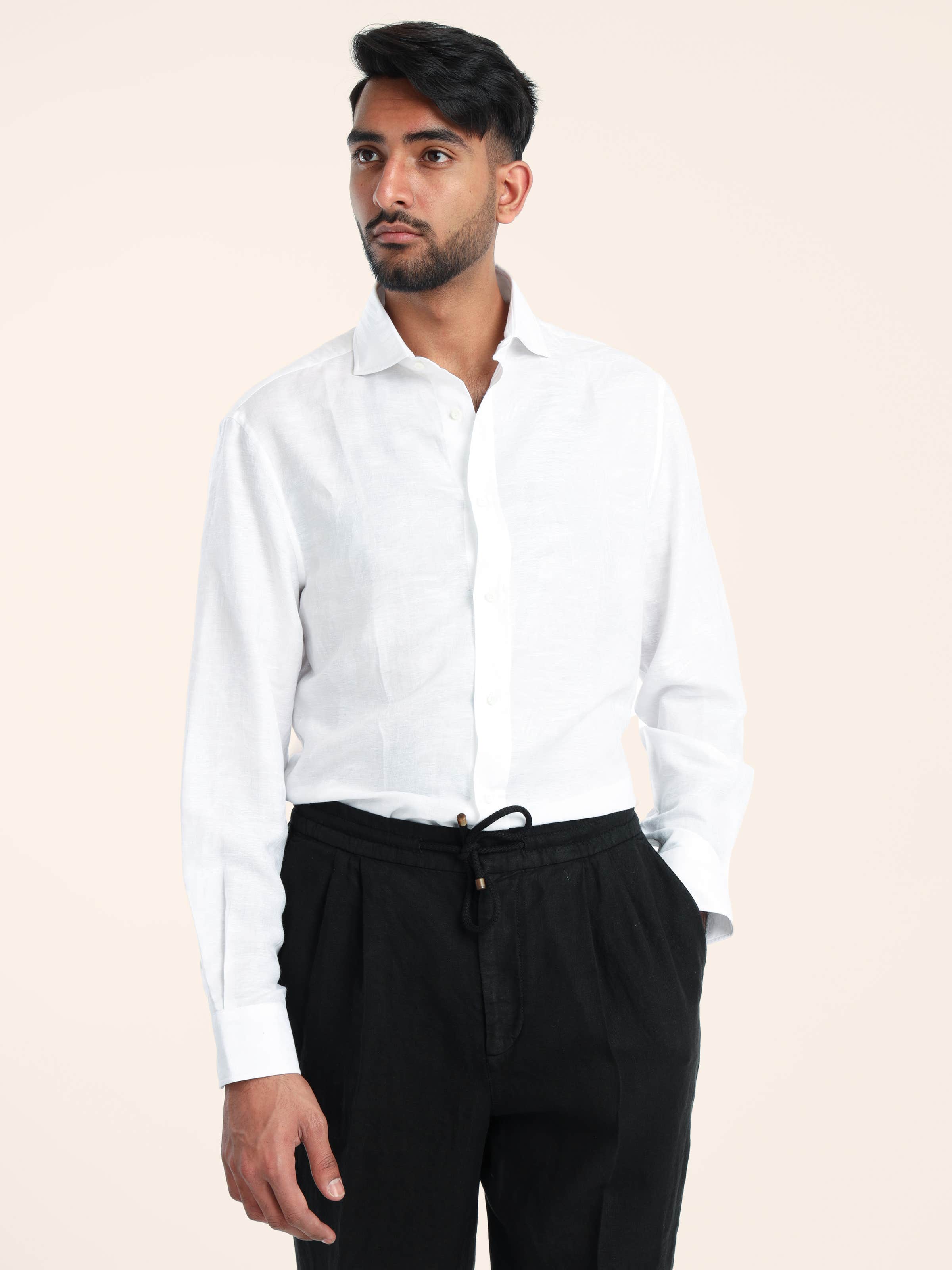 White Palm Jacquard Linen-Cotton Shirt