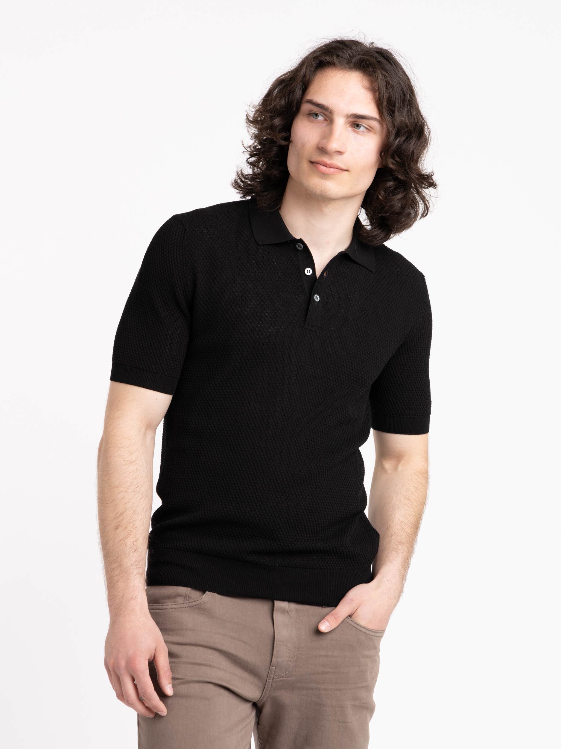 Black Waffle Knit Polo Shirt